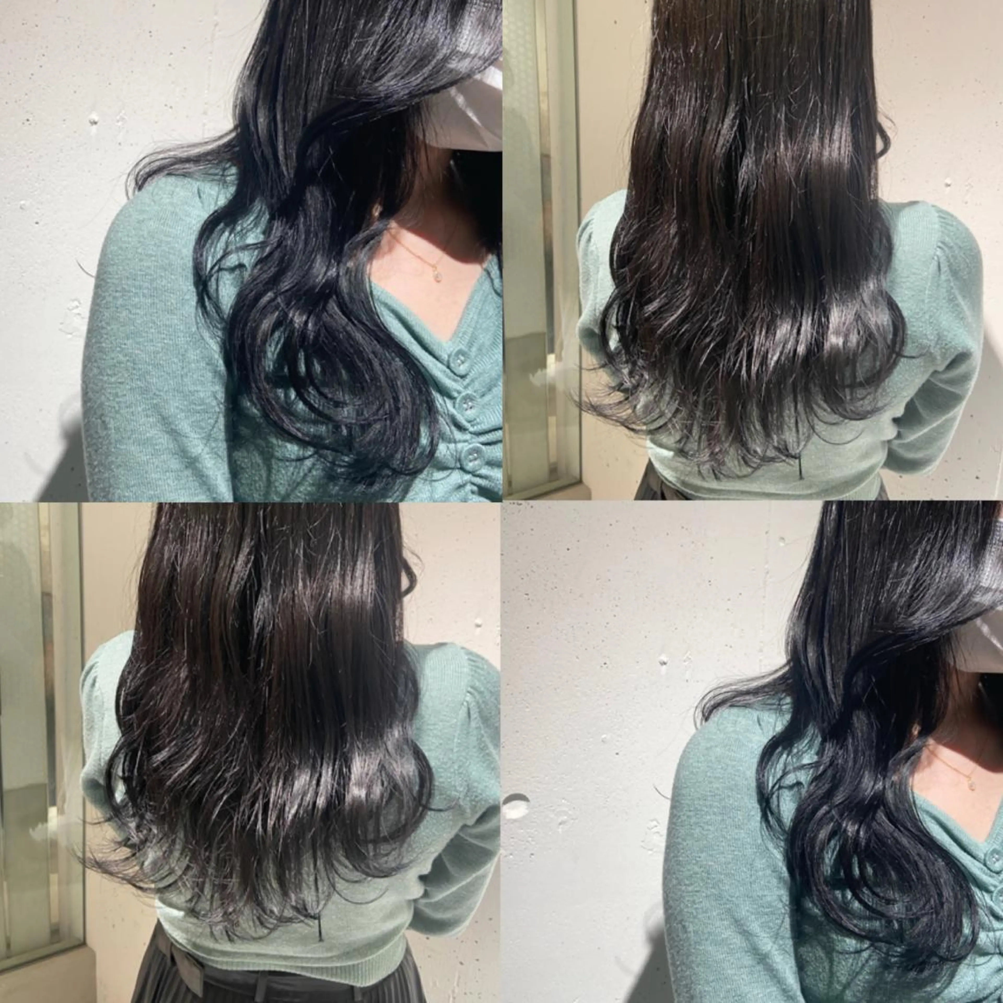 ロング カラー 黒髪 ブリーチ ブルーカラー ブルーブラック 透明感カラー カジュアルを女っぽく 𝗮𝘆𝗮𝗰𝗼のヘアスタイル