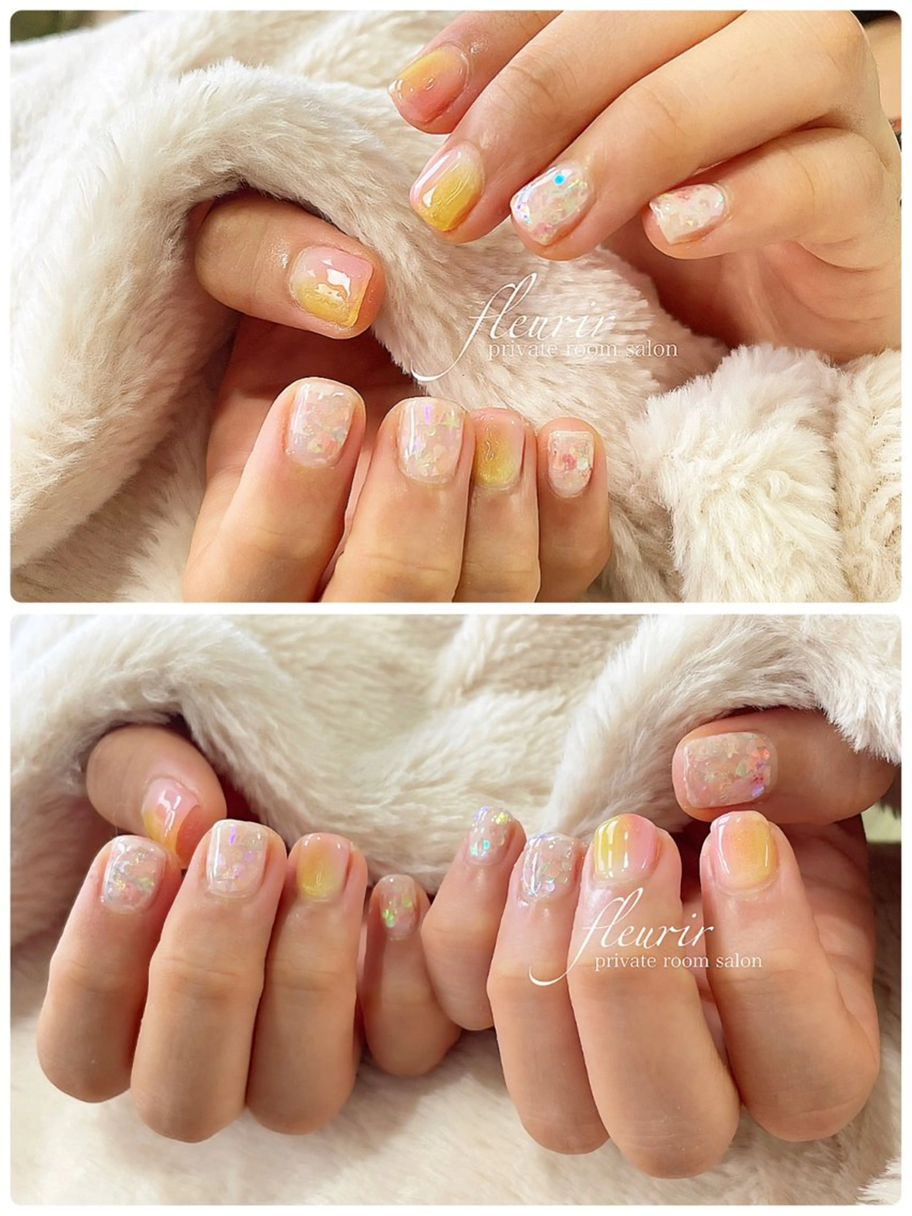 ネイル フラワーネイル ホログラムネイル キラキラネイル 黄色 フルリール 【プライベートサロンのネイルデザイン