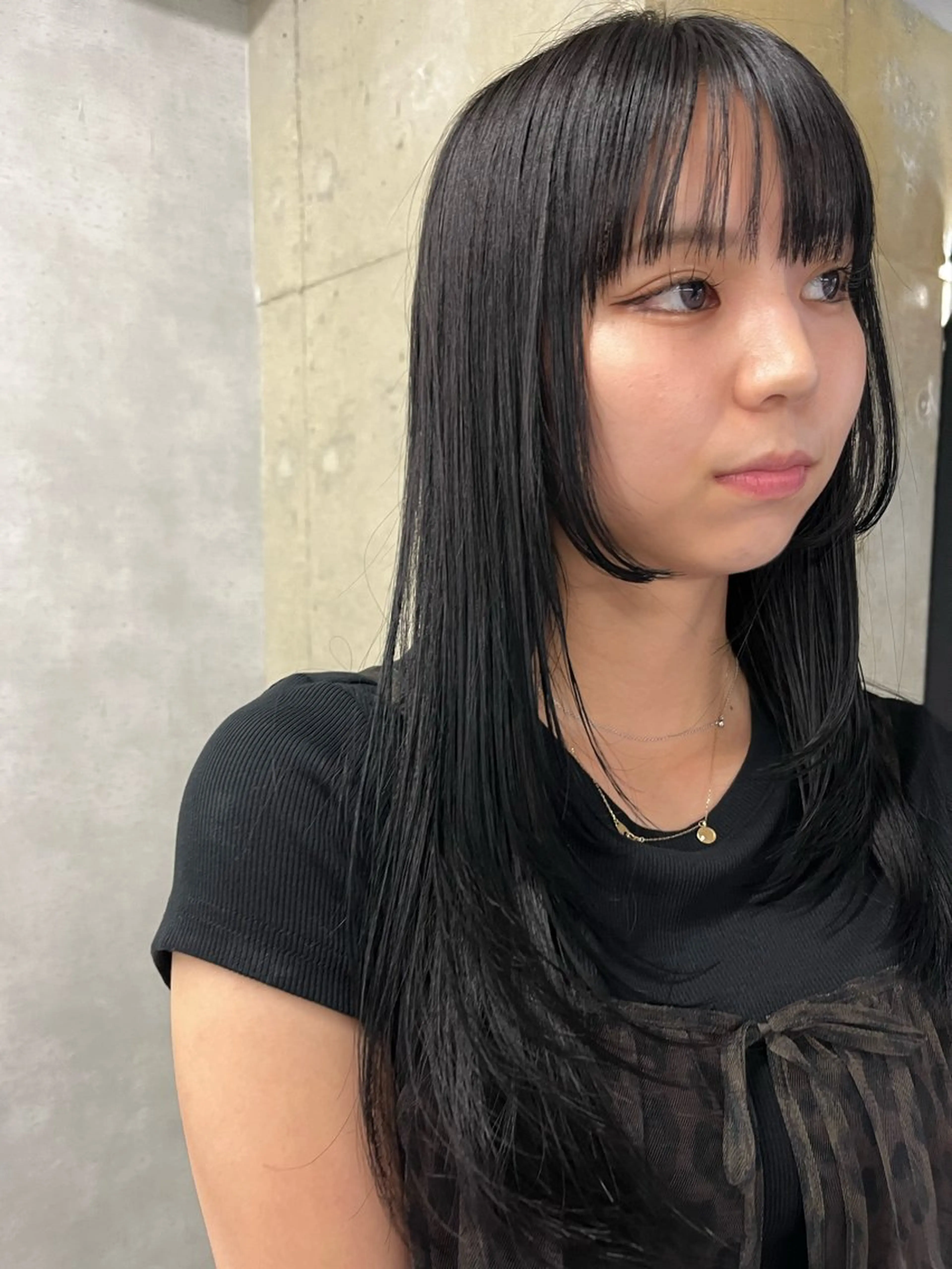 ロング カラー 黒髪 グレーブラック 姫カット レイヤーカット anon Loemのヘアスタイル