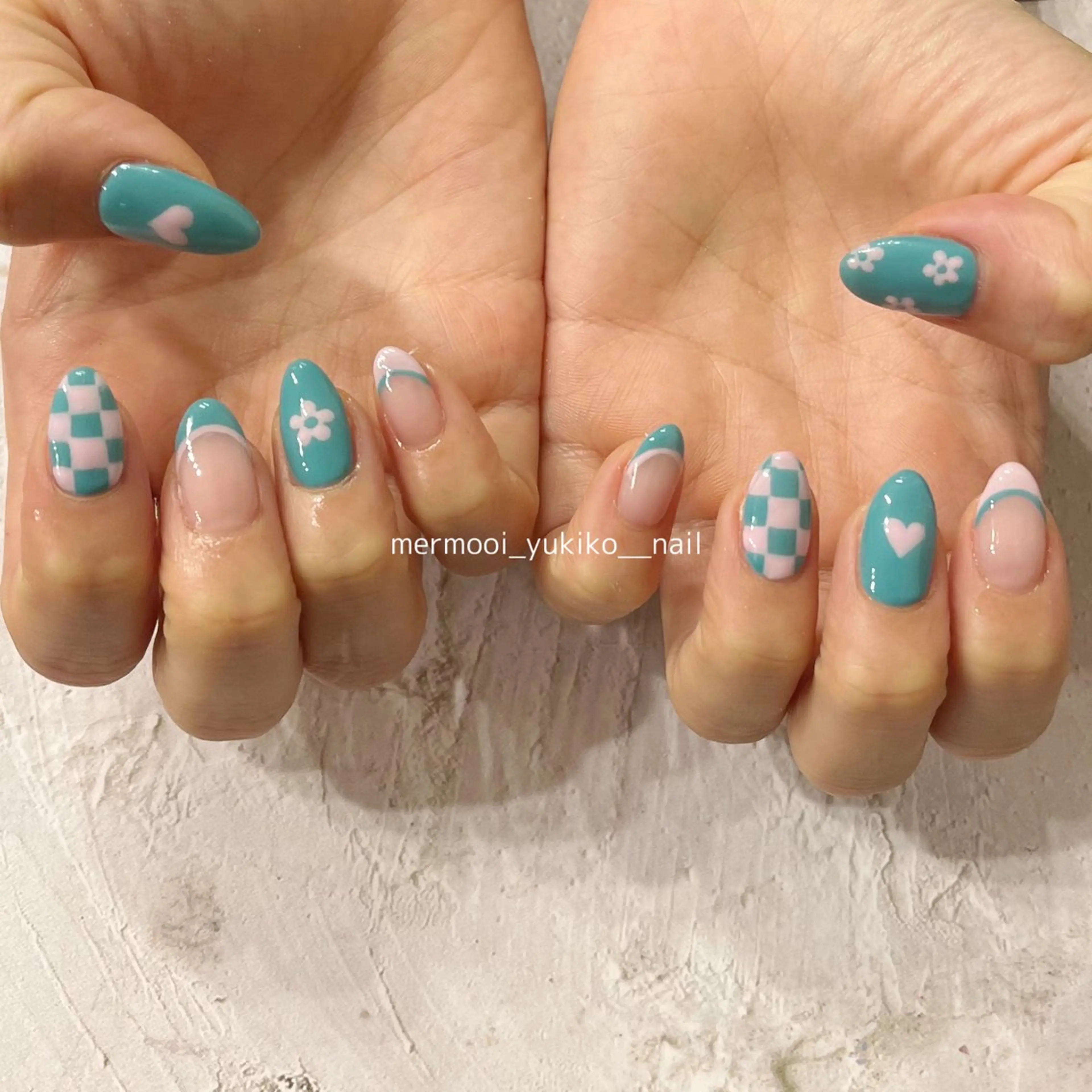 ネイル ブルー フレンチネイル ジェルネイル ハート 韓国ネイル melumooi nailのネイルデザイン