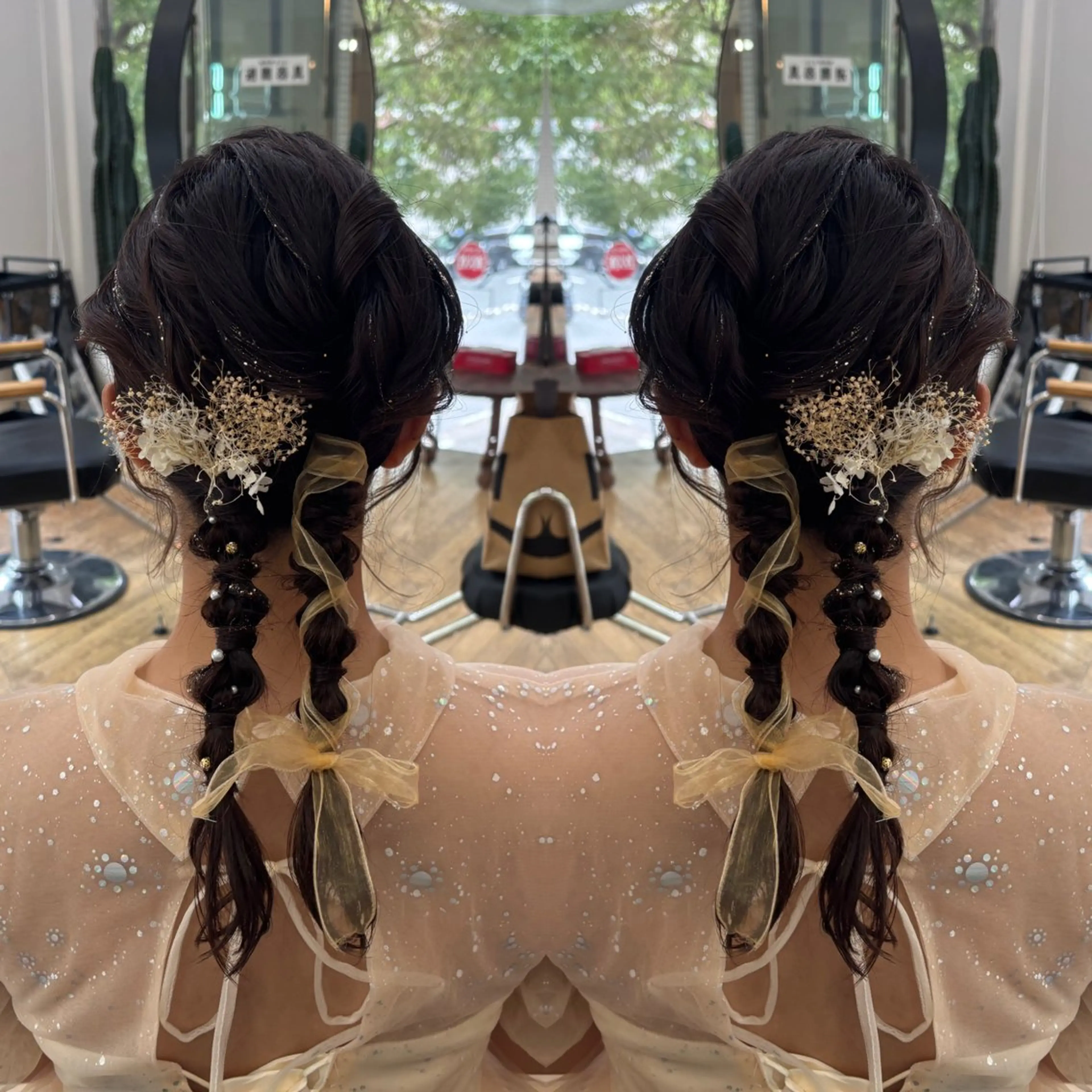 セミロング ヘアアレンジ 結婚式・ブライダル ヘアセット 💎ハイトーン/艶 カラー モエカ💎のヘアスタイル