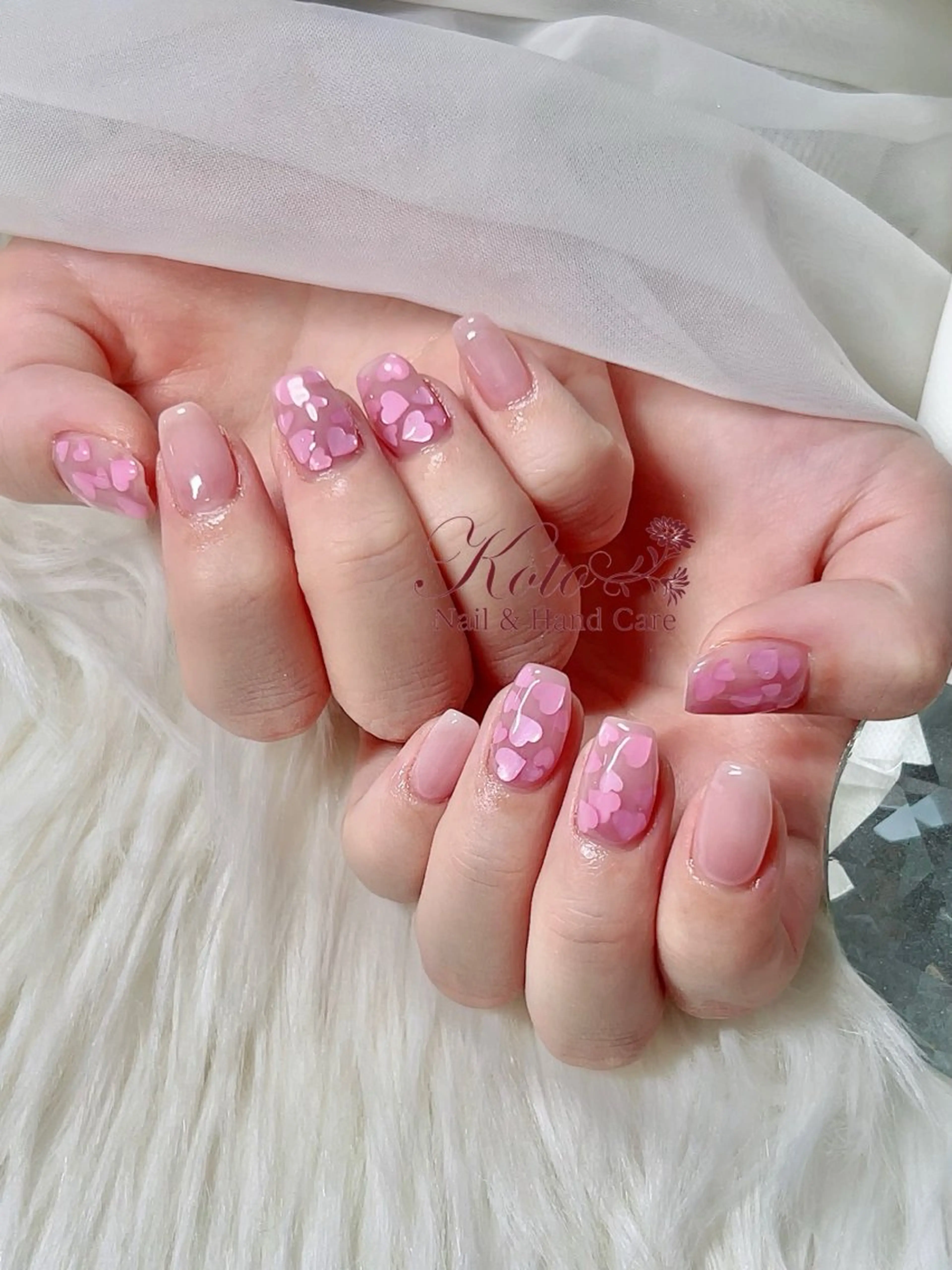 ネイル 長さ出し ジェルネイル ハート 持ち込み ニュアンスネイル ハンドネイル Nail Salon KOTOのネイルデザイン