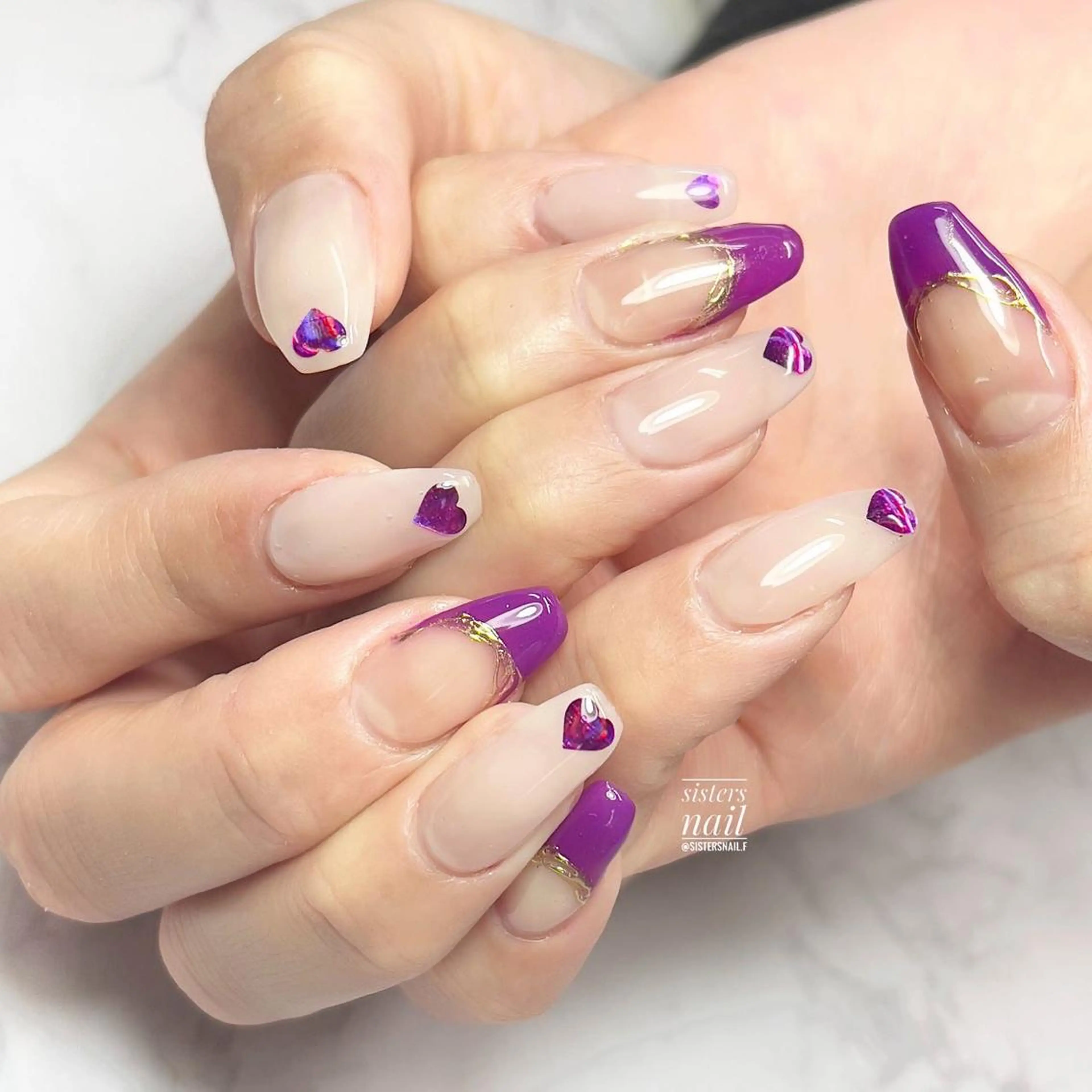 ネイル アートネイル フレンチネイル ハート ニュアンスネイル パープル sisters nail.fのネイルデザイン