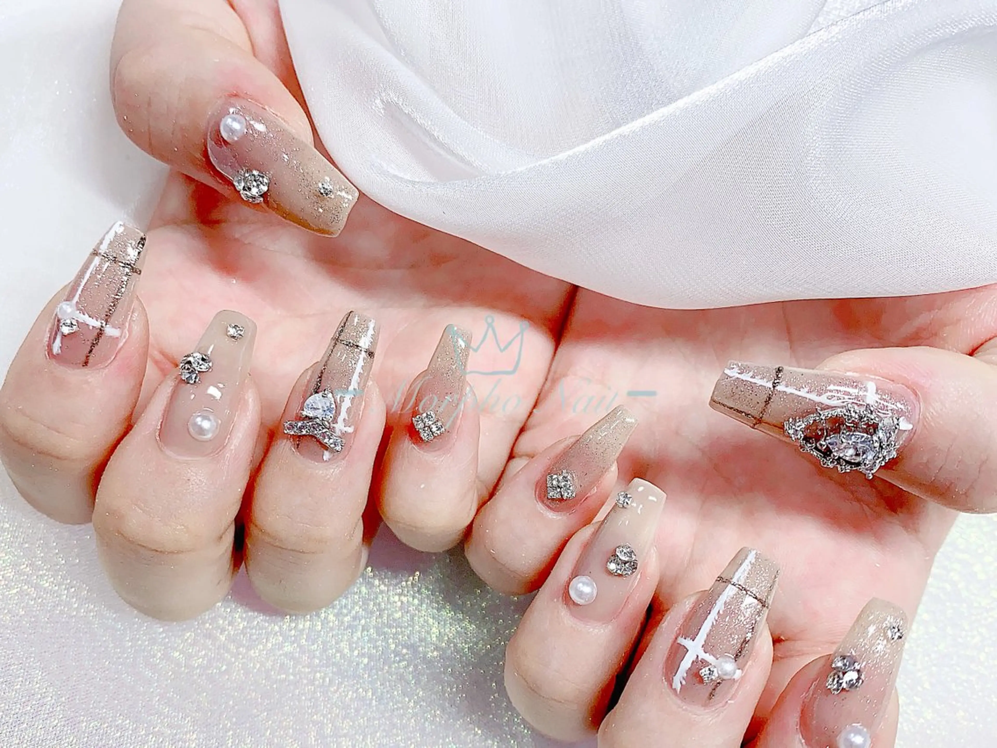 ネイル 長さ出し ジェルネイル キラキラネイル 大理石ネイル(マーブル) ニュアンスネイル ハンドネイル Morpho nailのネイルデザイン