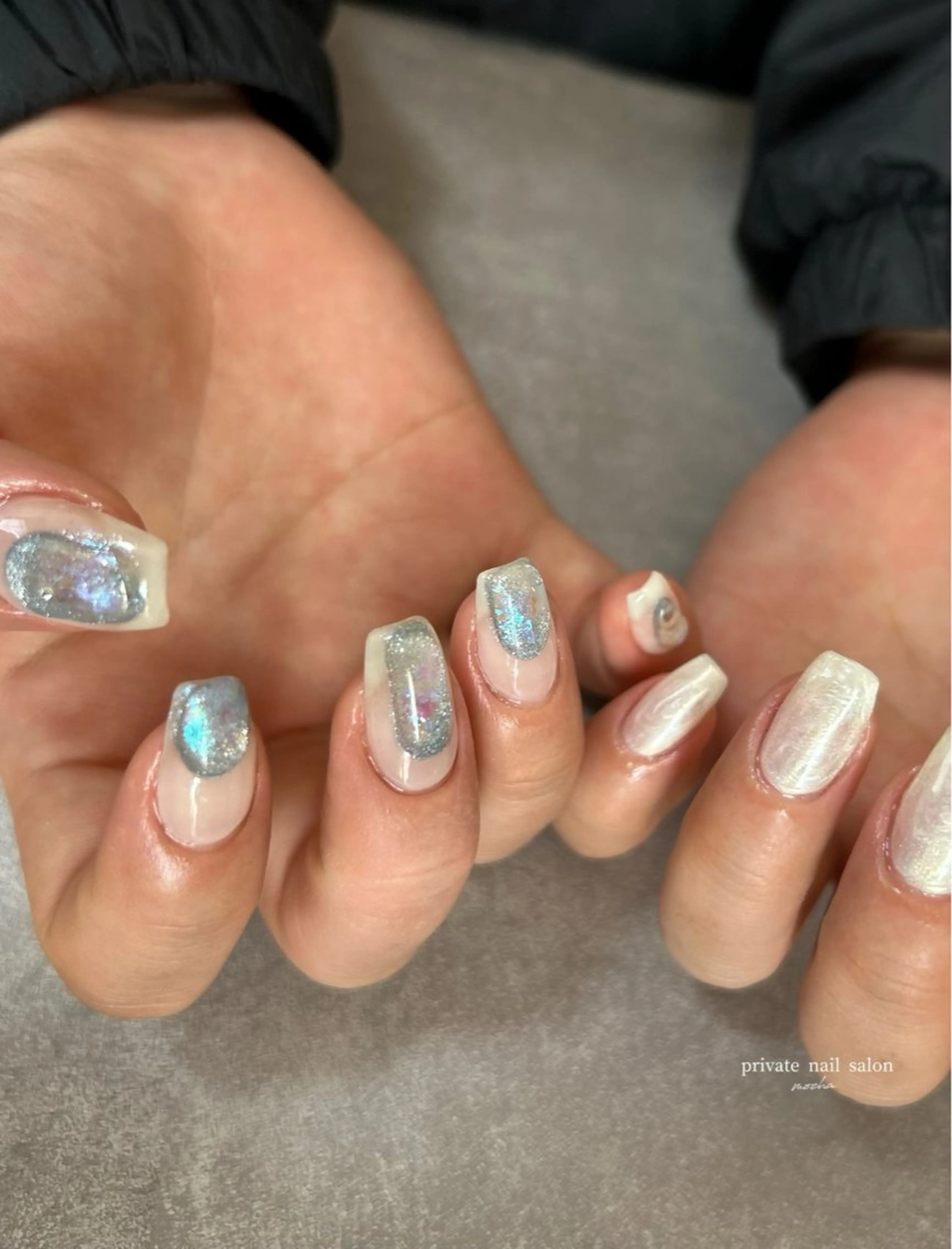 ネイル カジュアル フレンチネイル マグネットネイル ミラーネイル ニュアンスネイル mocha nailのネイルデザイン