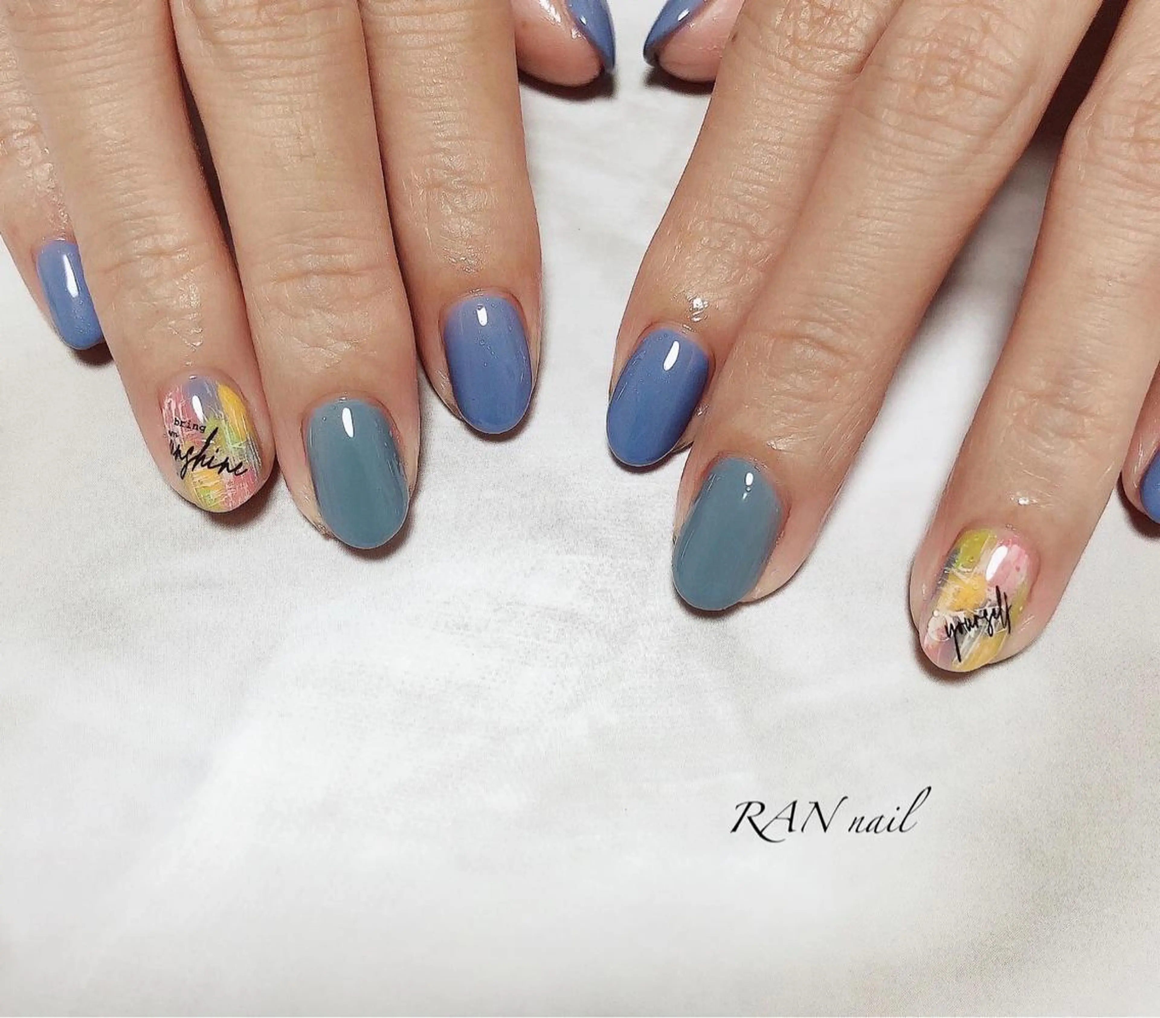 ネイル ブルー フレンチネイル ジェルネイル グリーン ニュアンスネイル RAN nailのネイルデザイン