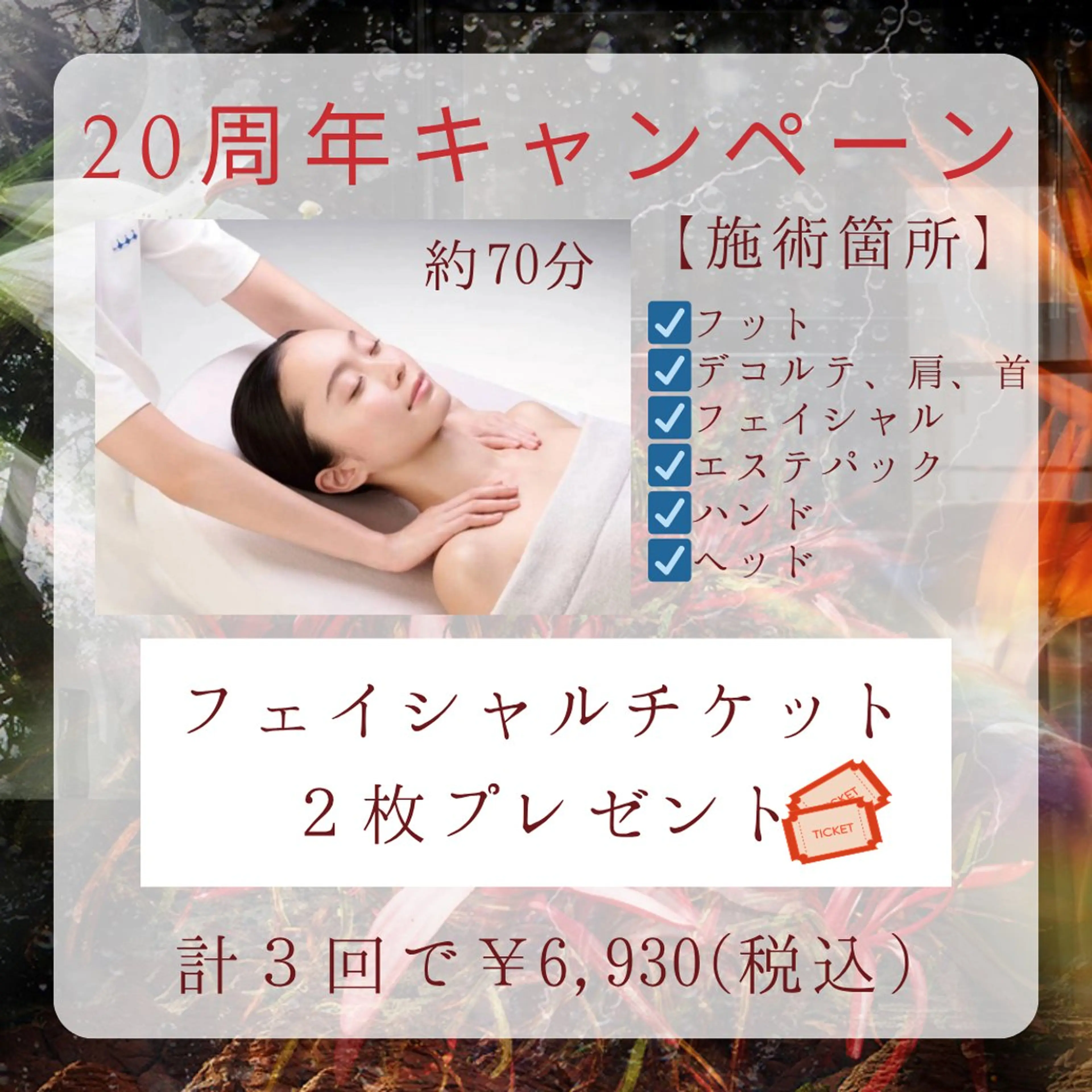 20周年キャンペーン㊗️約70分エステにお越しのお客様へ2回分フェイシャルエステ券プレゼント🎁計3回のエステプラン✨の写真