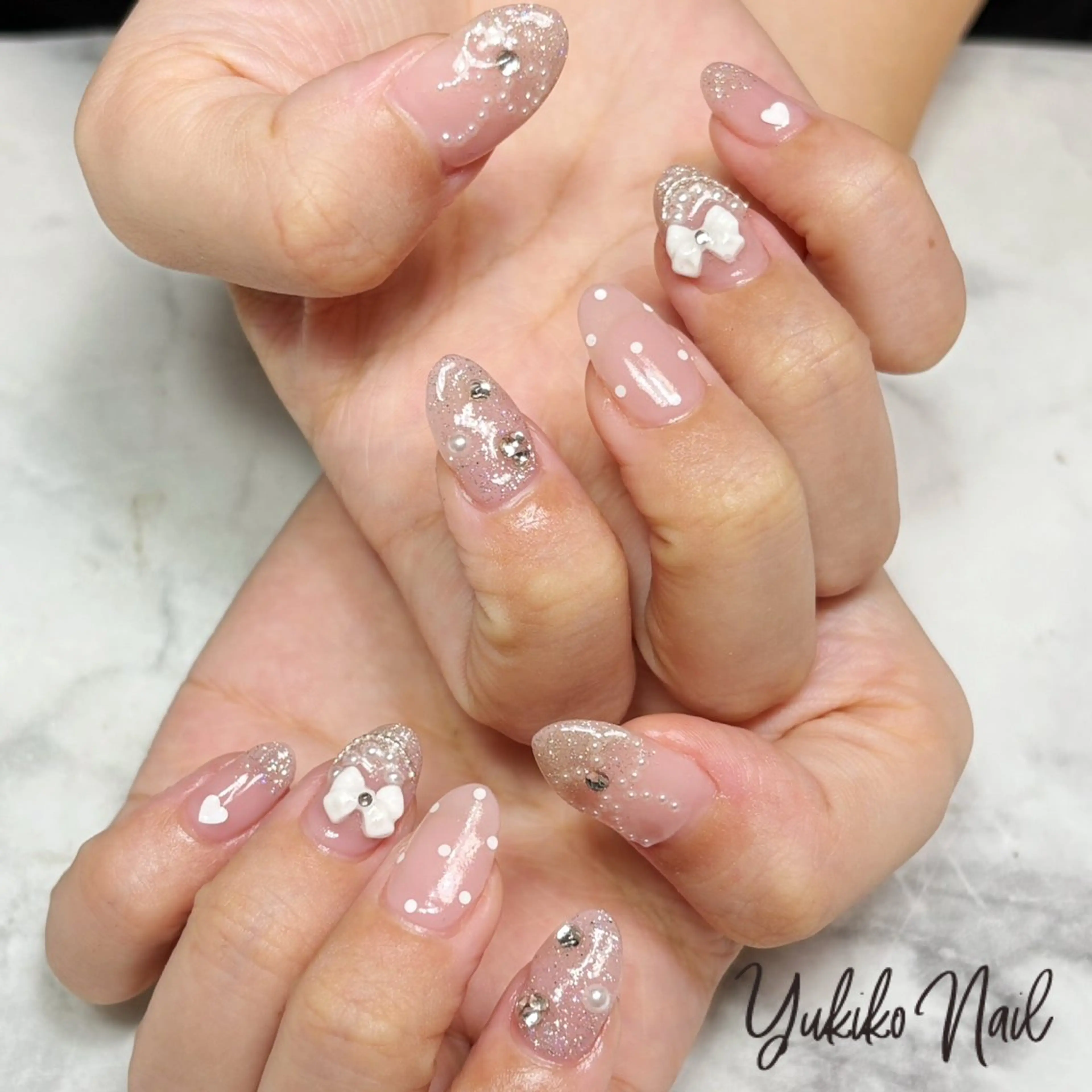 ネイル ガーリー 韓国ネイル ピンク リボン ワンホンネイル ハンドネイル ユキコ ネイルのネイルデザイン