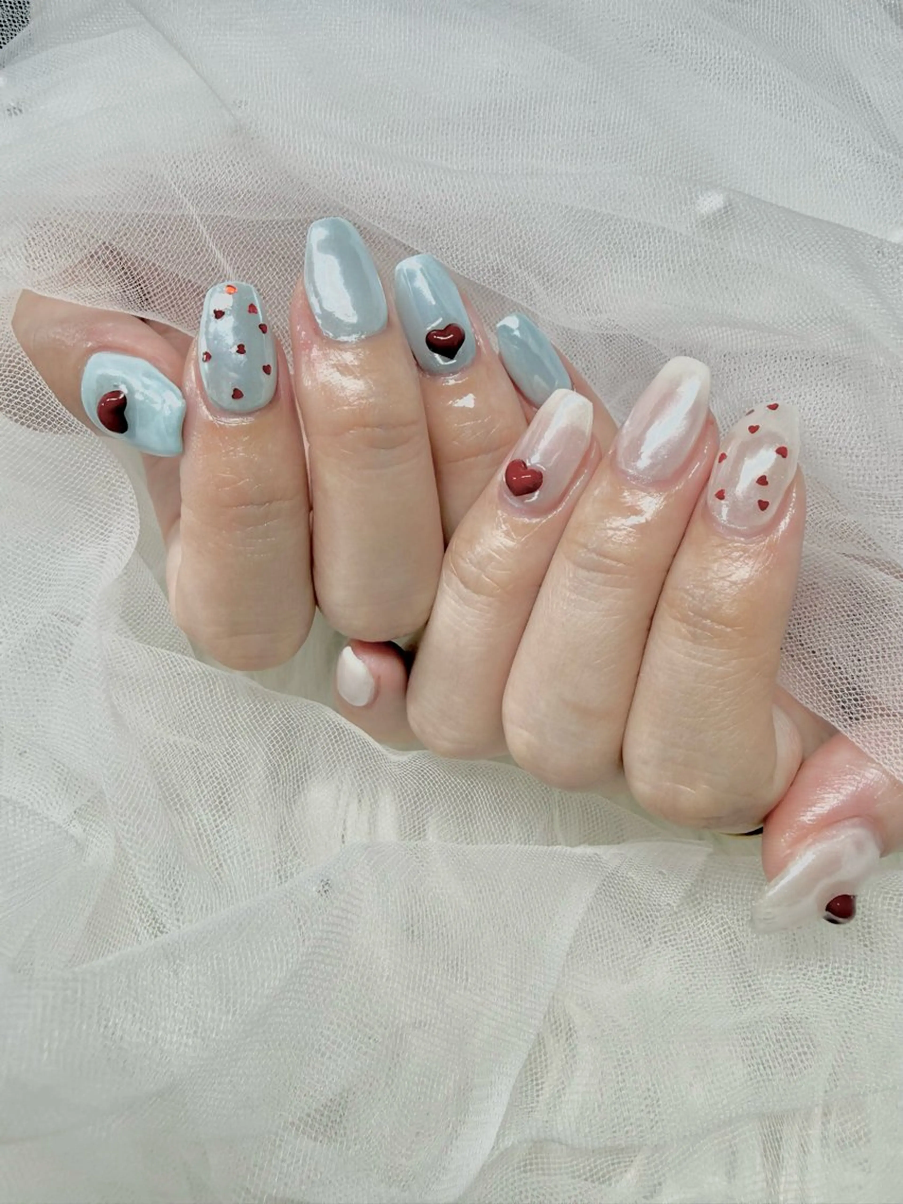 ネイル ハート ミラーネイル ワンカラーネイル 赤色 ワンホンネイル ハンドネイル miss you ♡ Miyuuのネイルデザイン