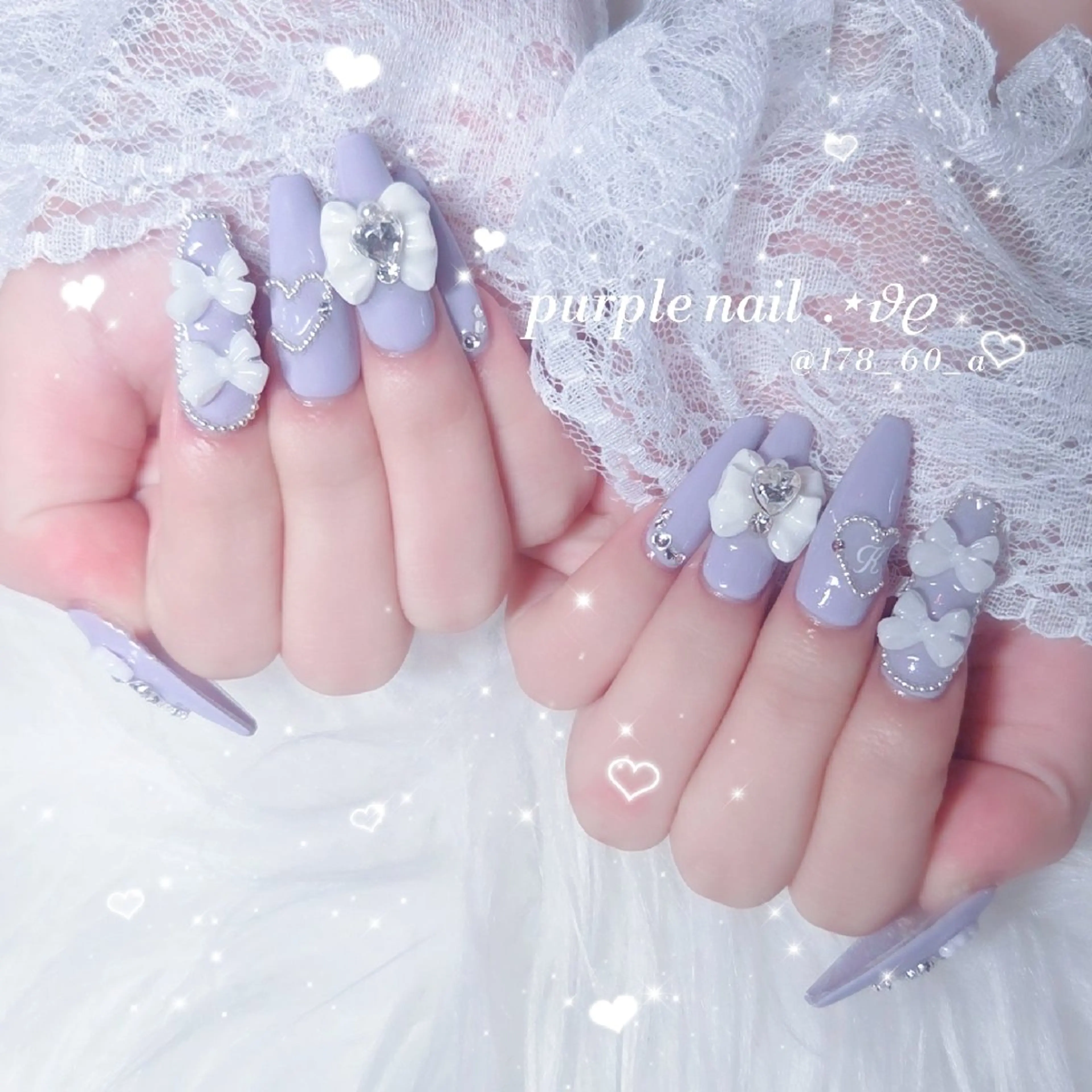 ネイル ガーリー ワンカラーネイル パープル リボン スカルプネイル ハンドネイル HAPPINAS🎀  れん🖤痛ネイルのネイルデザイン