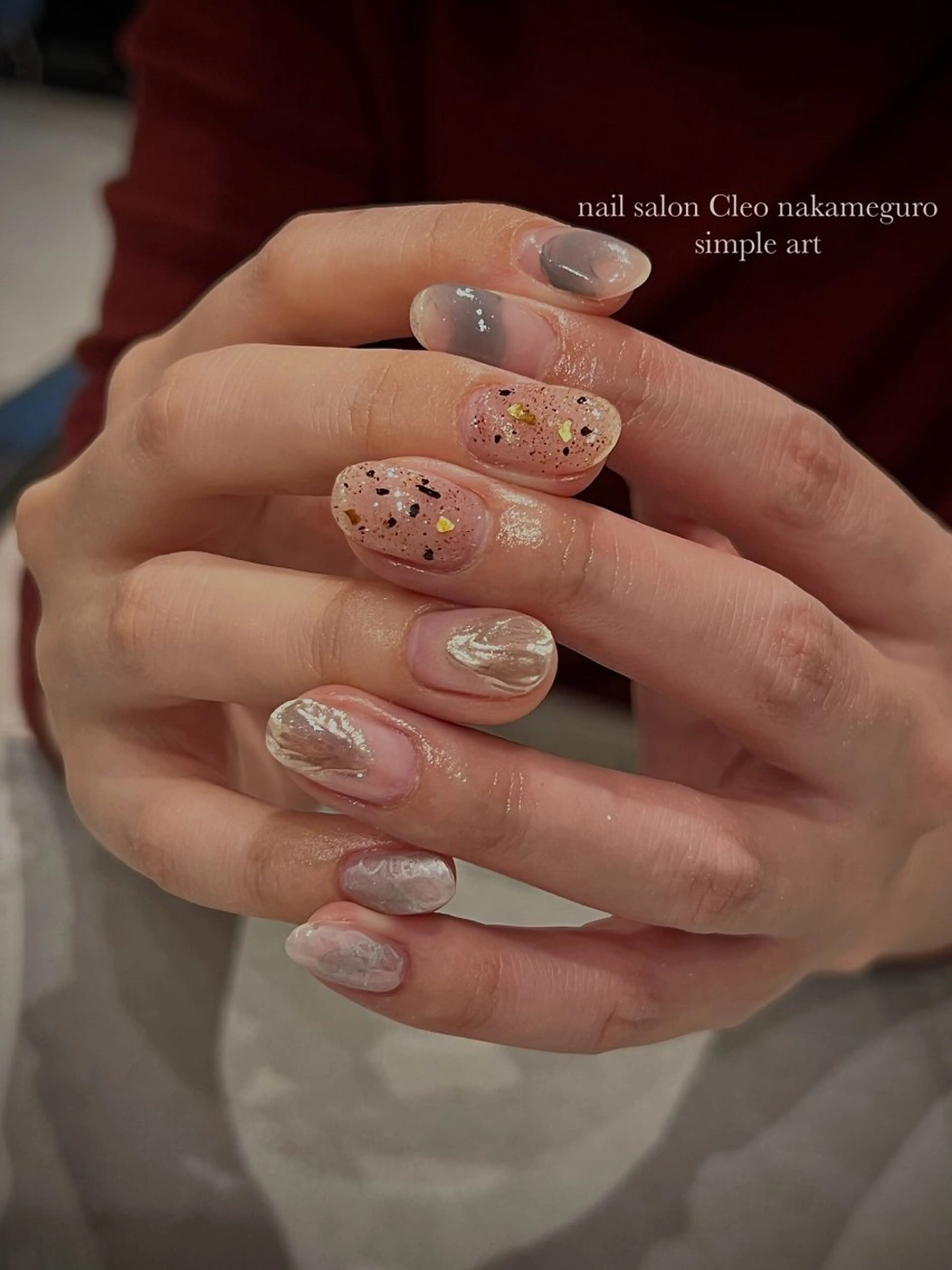 ネイル アートネイル オーロラネイル べっ甲ネイル ブルー ボルドー Cleo中目黒店 Hinahoのネイルデザイン