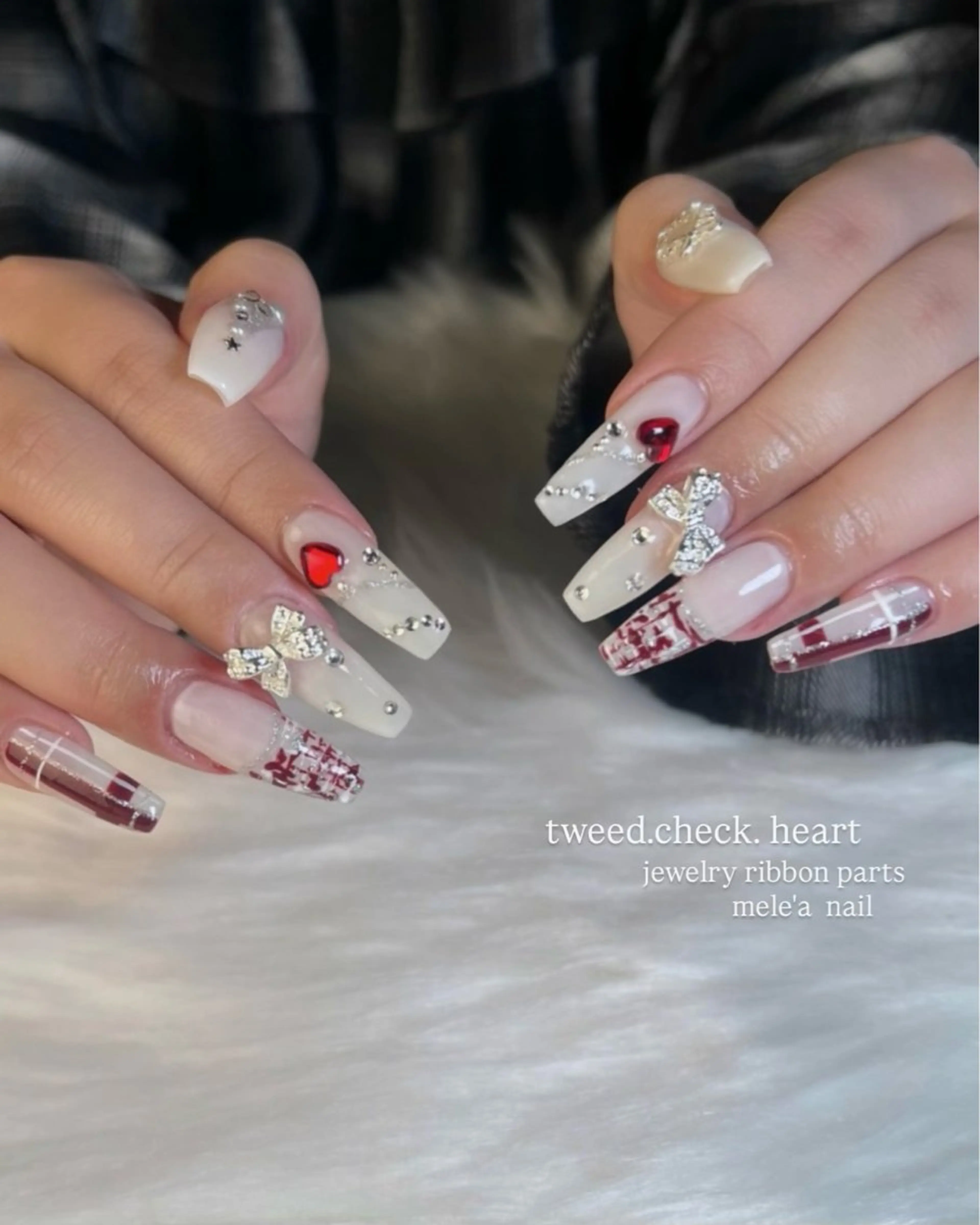 ネイル ハート リボン スカルプネイル ツイードネイル ハンドネイル miho meléanailのネイルデザイン