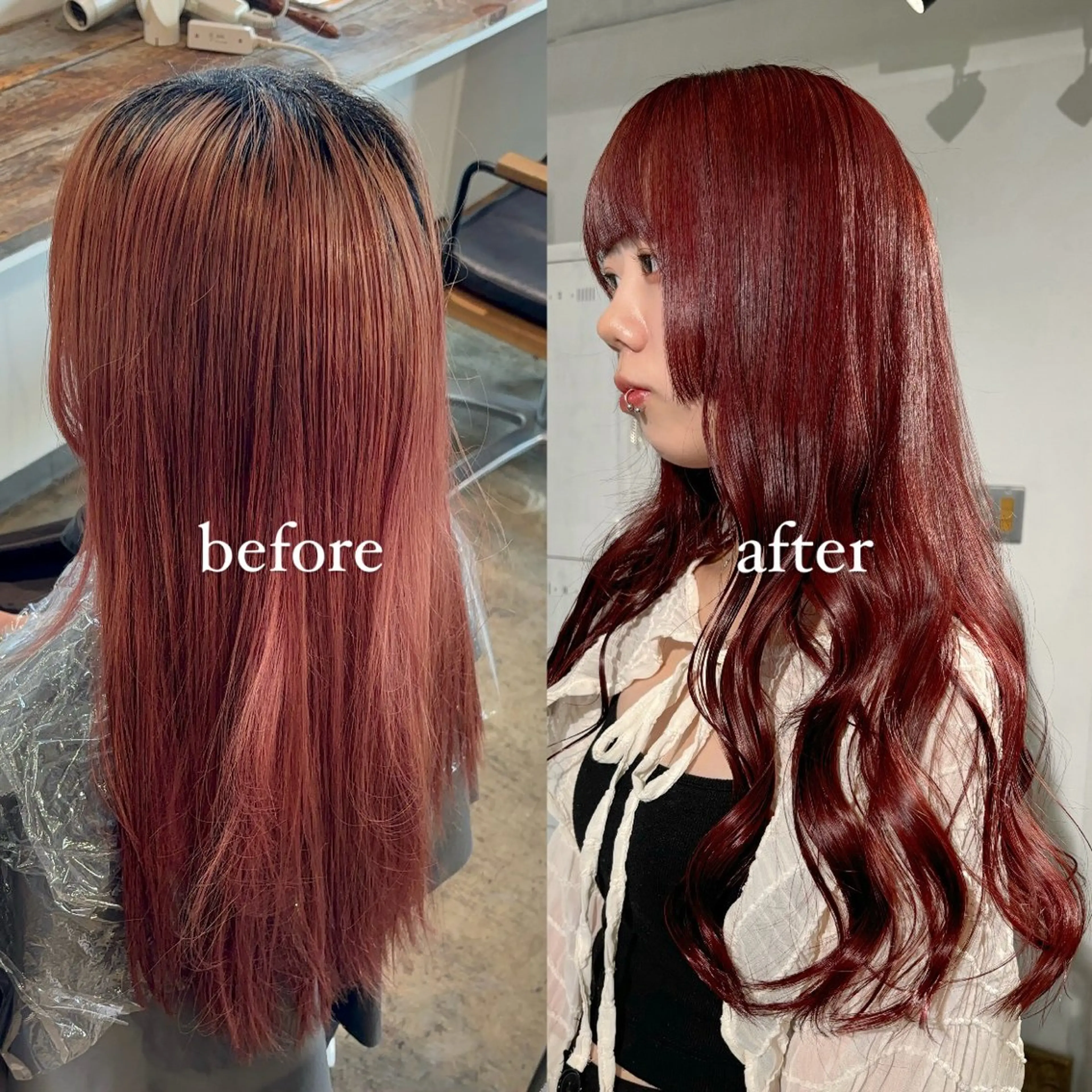 ロング カラー ブリーチ ボルドーカラー ダブルカラー ブリーチなしカラー レッドカラー 暖色カラー🍒 ケアブリーチ/akiのヘアスタイル