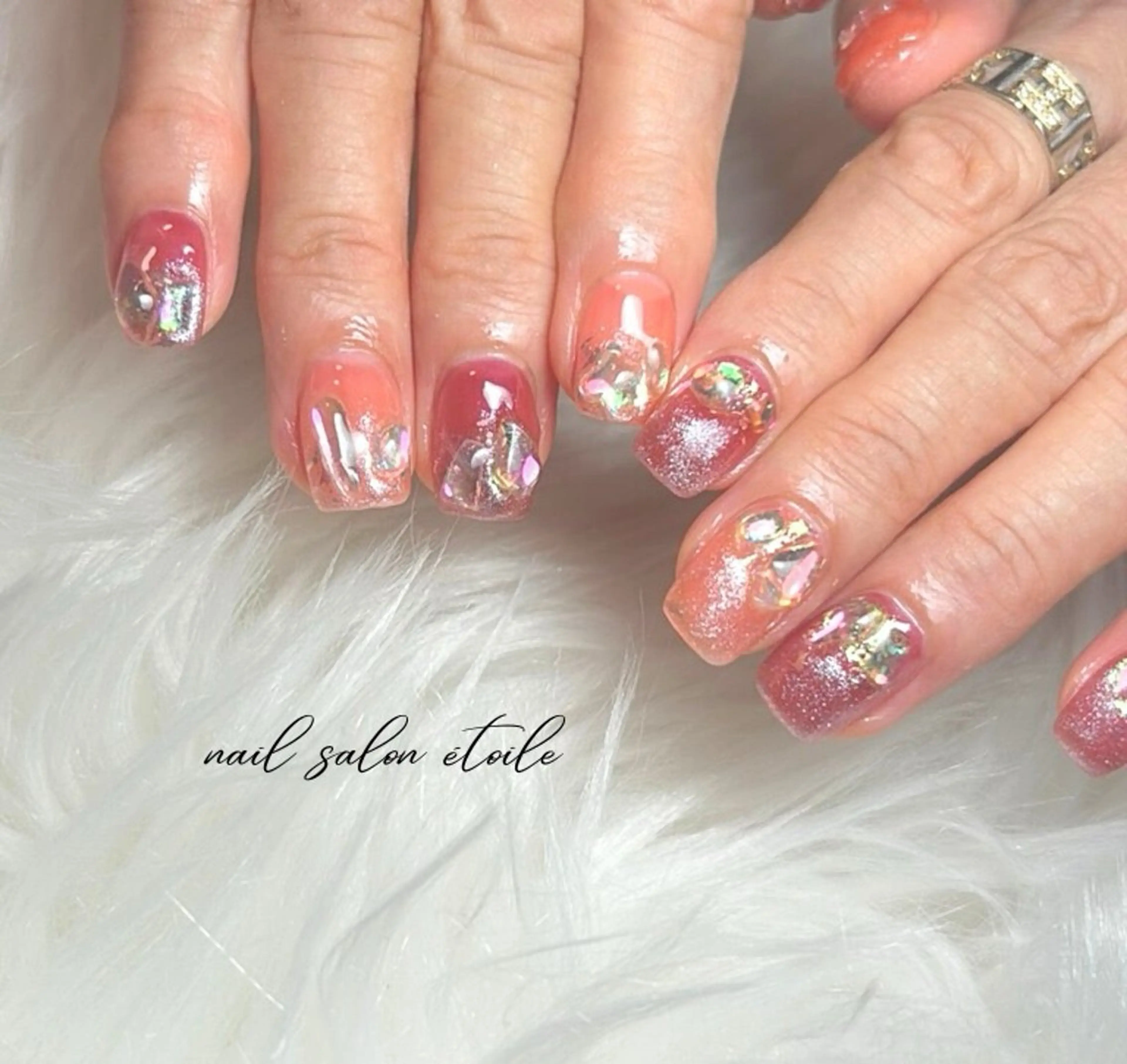 ネイル キラキラネイル マグネットネイル オレンジ ピンク ショートネイル ハンドネイル nail salon étoileのネイルデザイン