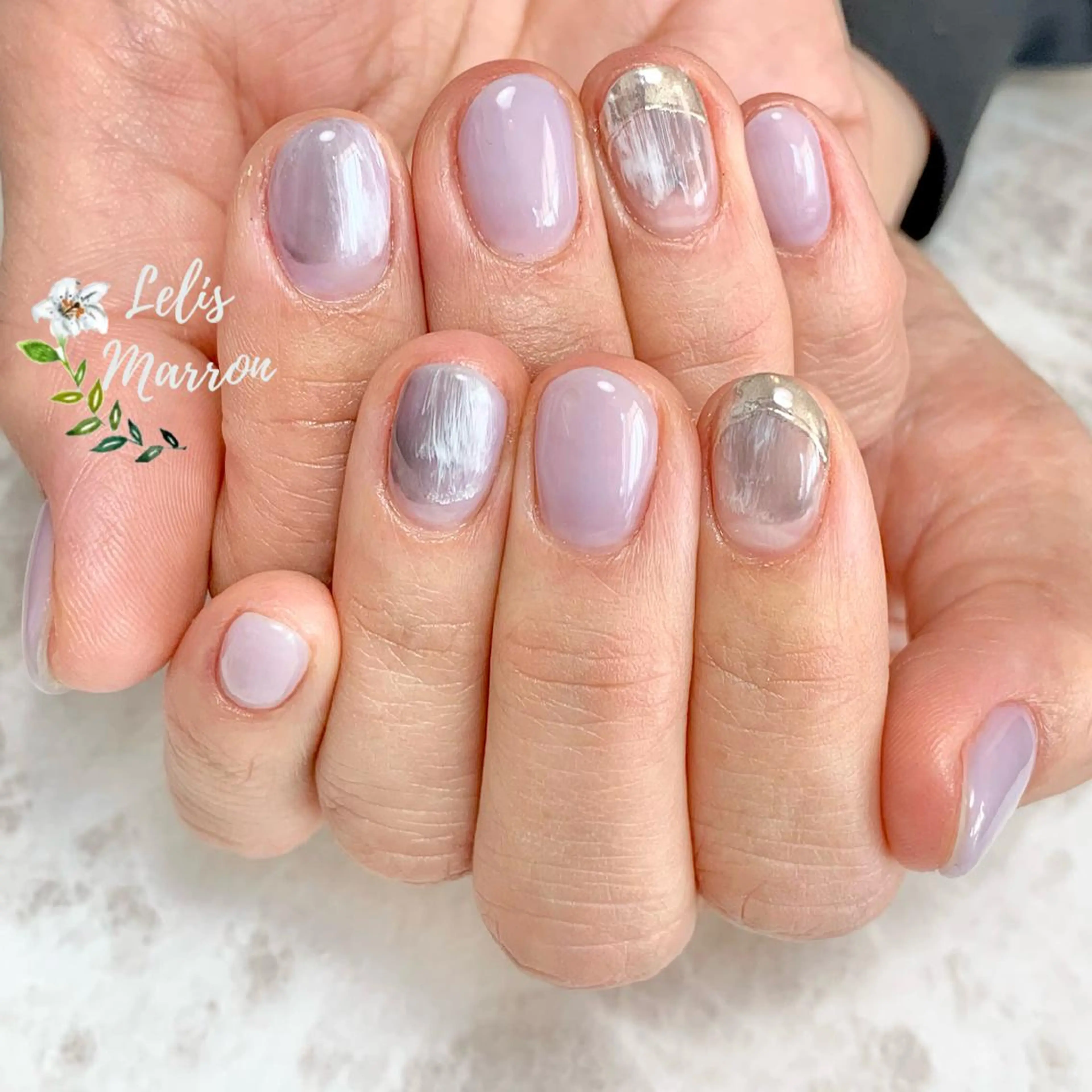 ネイル アートネイル フレンチネイル ミラーネイル ニュアンスネイル パープル Lelis Marron所属・岸 侑李のネイルデザイン