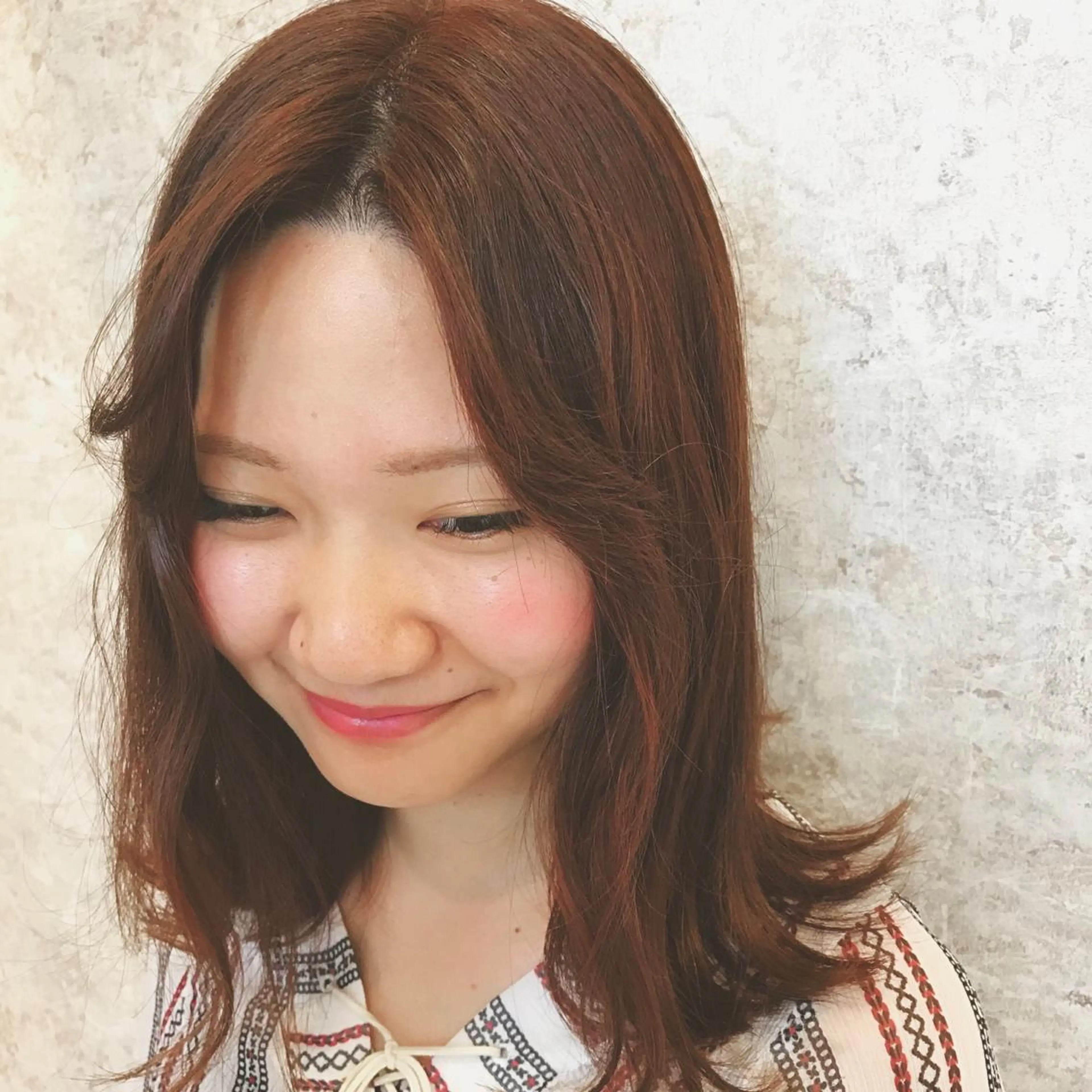 セミロング カラー オレンジ オレンジピンク ピンクカラー HARUNA/ミセス 大人ショートヘアのヘアスタイル