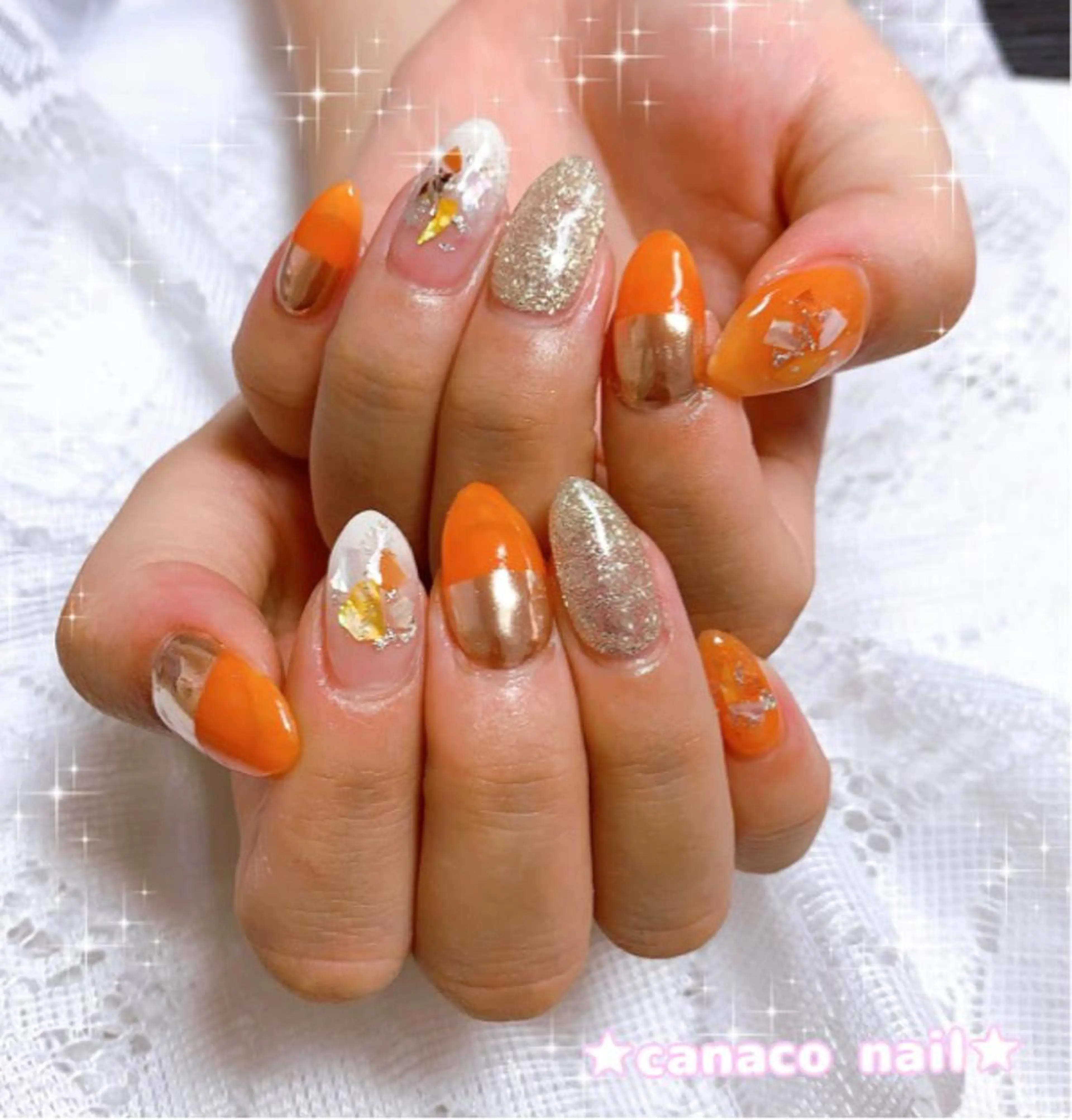 ネイル アートネイル ミラーネイル オレンジ ストーンネイル ハンドネイル ハンドケア ベテランネイル cnc nailのネイルデザイン