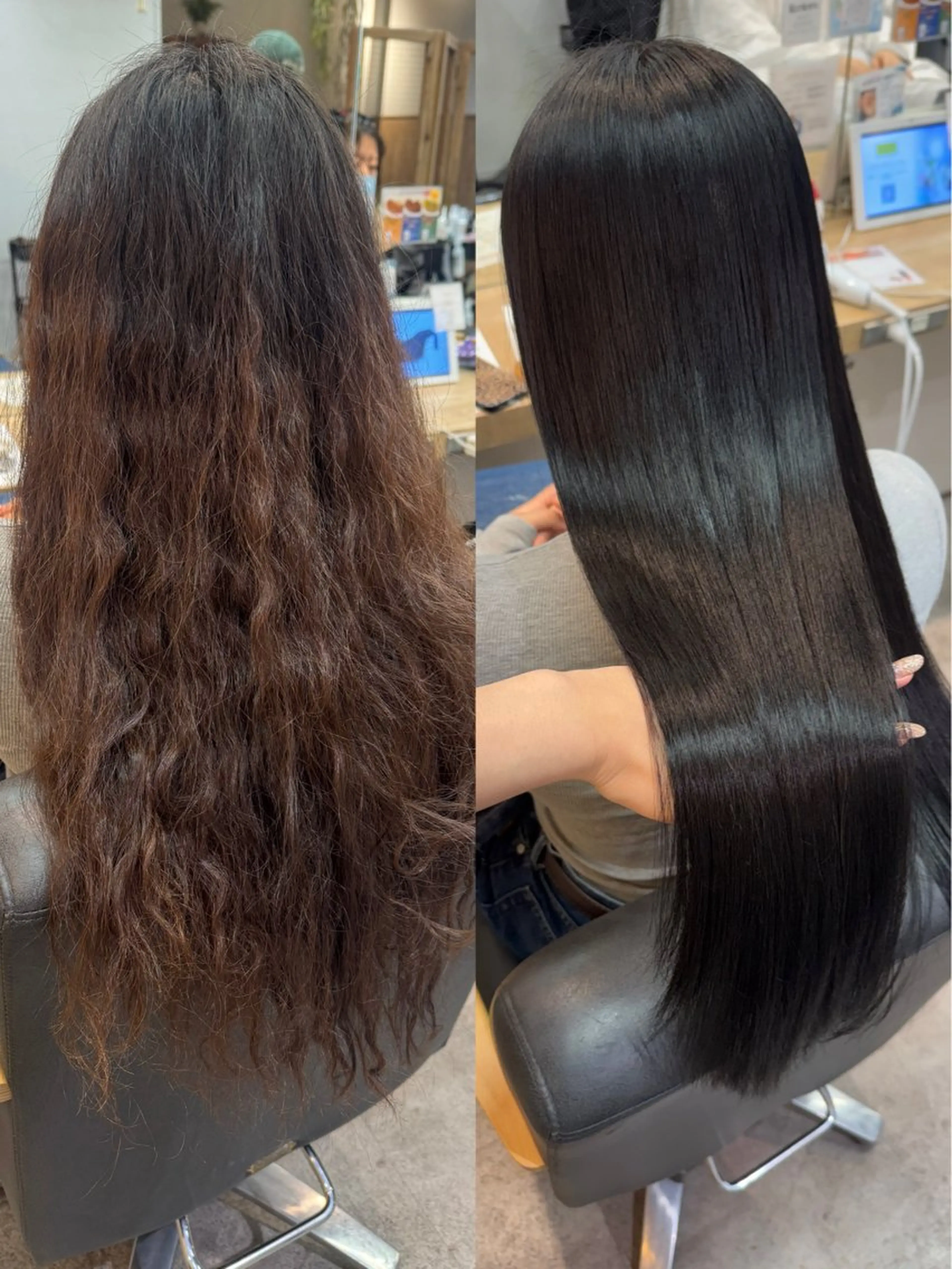ロング カラー パーマ 黒髪 ブラウンカラー ストレートパーマ カット ヘアカラー 縮毛矯正 トリートメント 縮毛矯正/エクステ /艶カラー/ヘアメのヘアスタイル