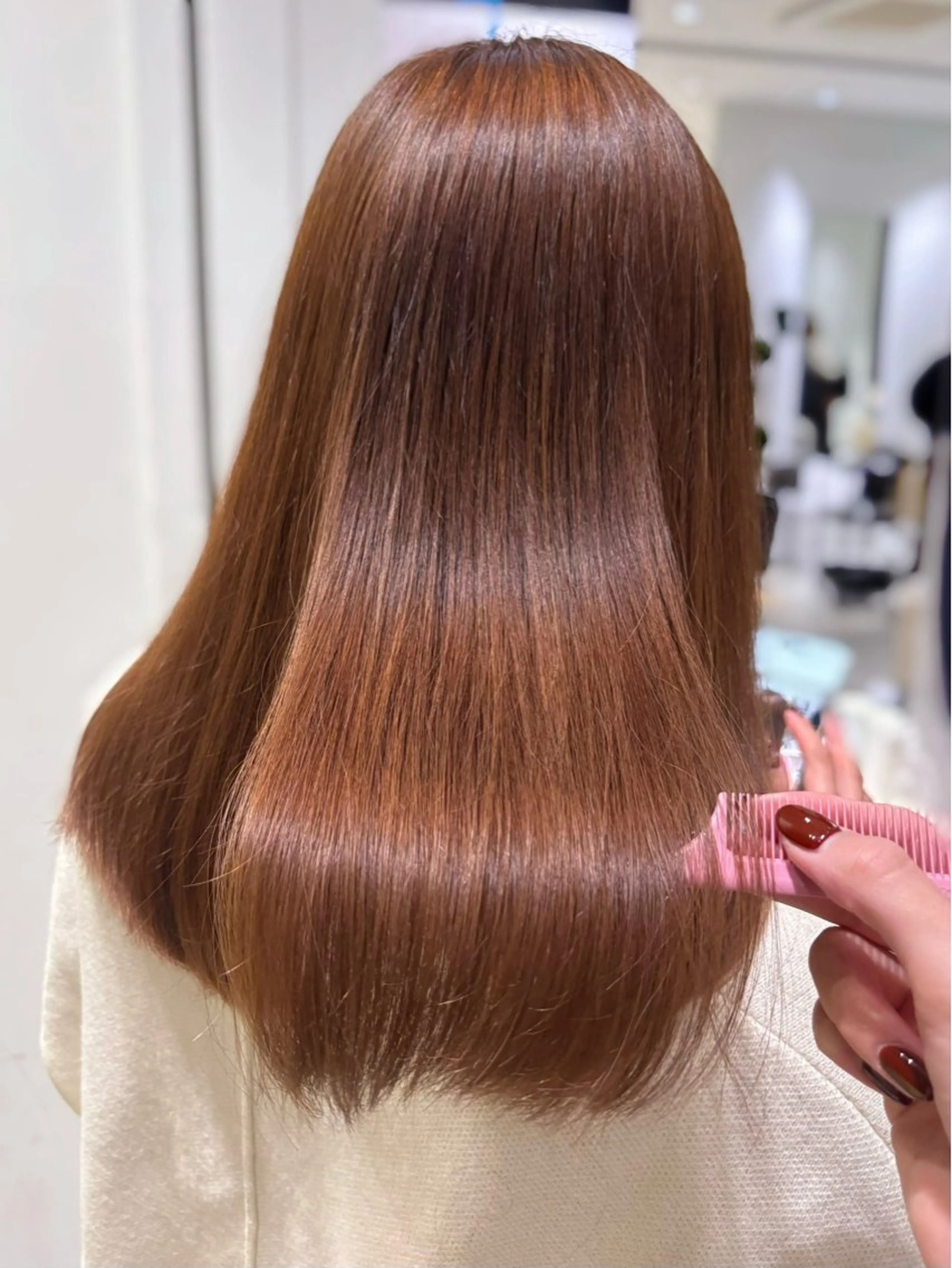 ミディアム カラー ベージュカラー ブリーチ ブラウンカラー ブリーチなしカラー ピンクカラー 銀座/韓国レイヤー/ 艶カラー🍓原田侑依のヘアスタイル