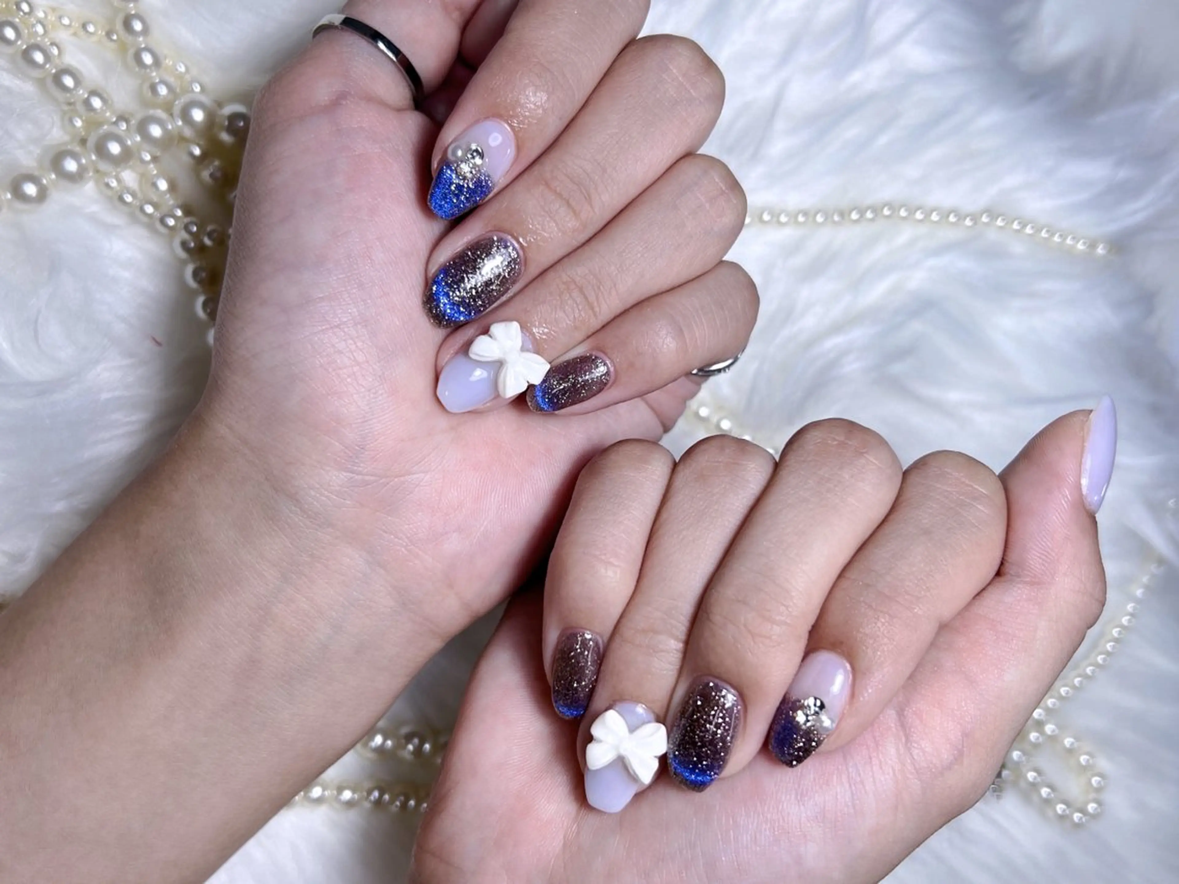 ネイル 長さ出し キラキラネイル マグネットネイル リボン スカルプネイル ハンドネイル Moa nailのネイルデザイン