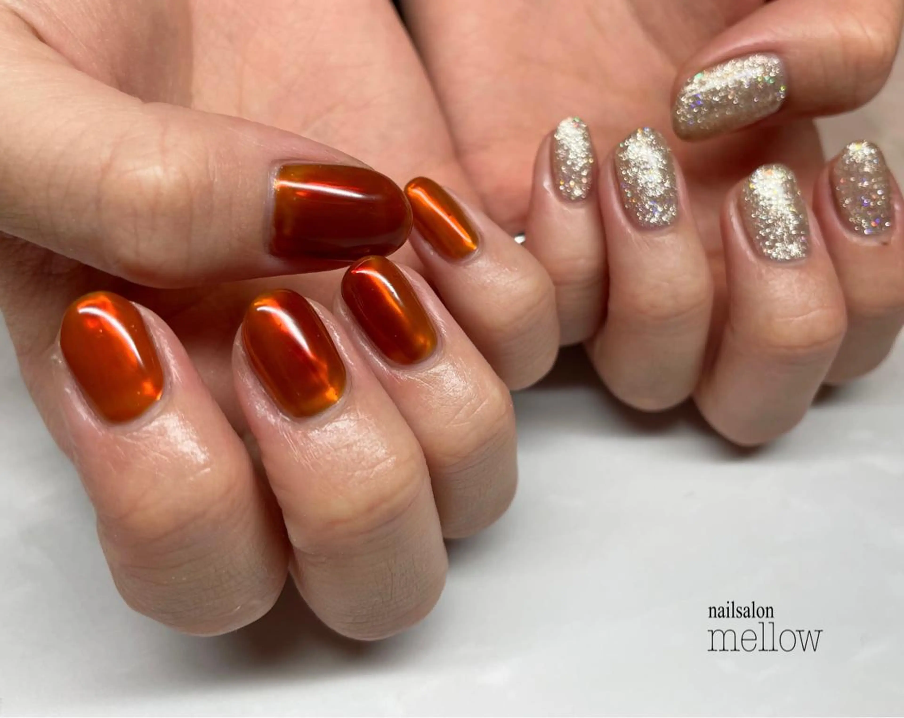 ネイル クリアネイル ラメ(グリッター) ミラーネイル オレンジ 大山 浩美のネイルデザイン