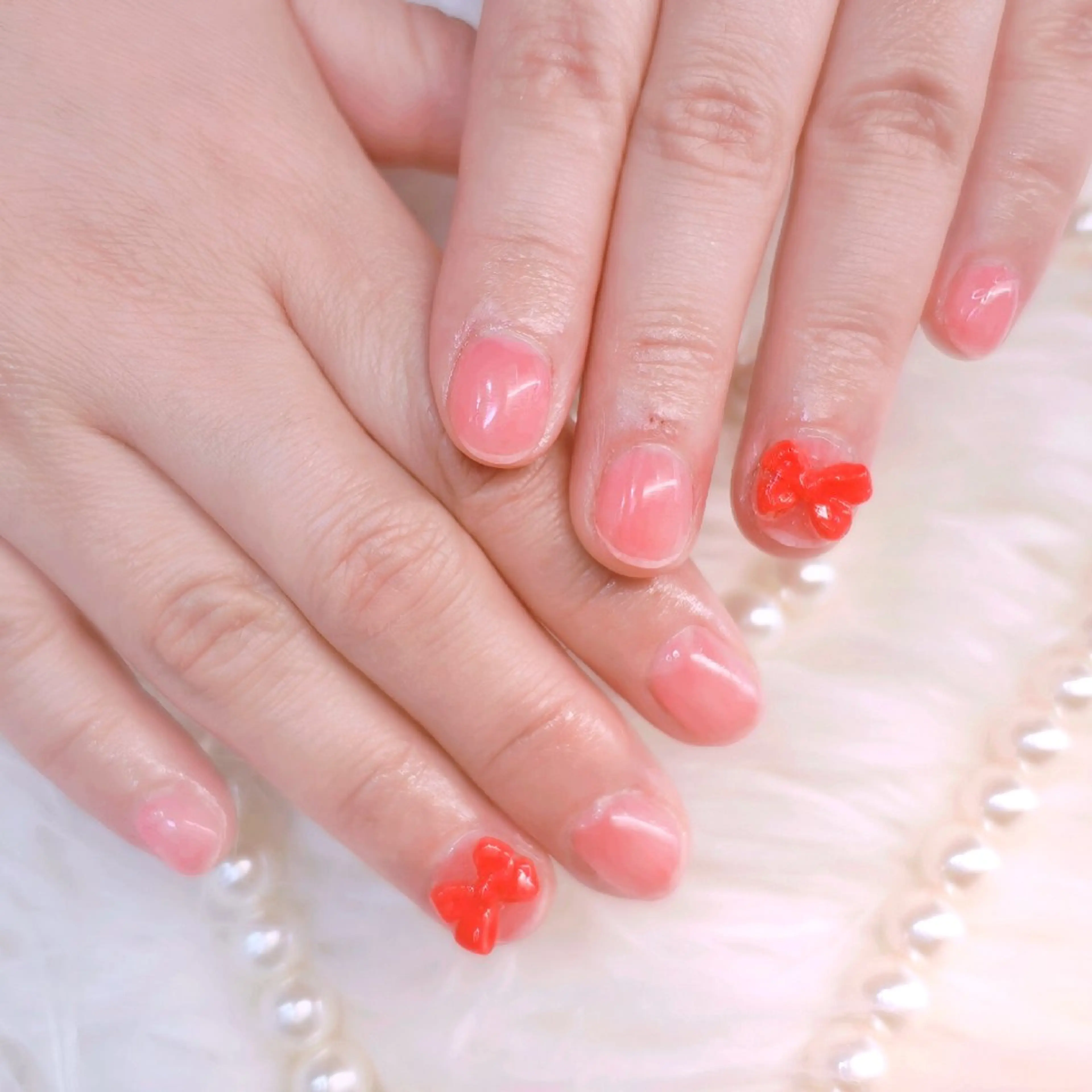 ネイル ピンク ぷっくりネイル リボン シンプルネイル 森川 雪のネイルデザイン