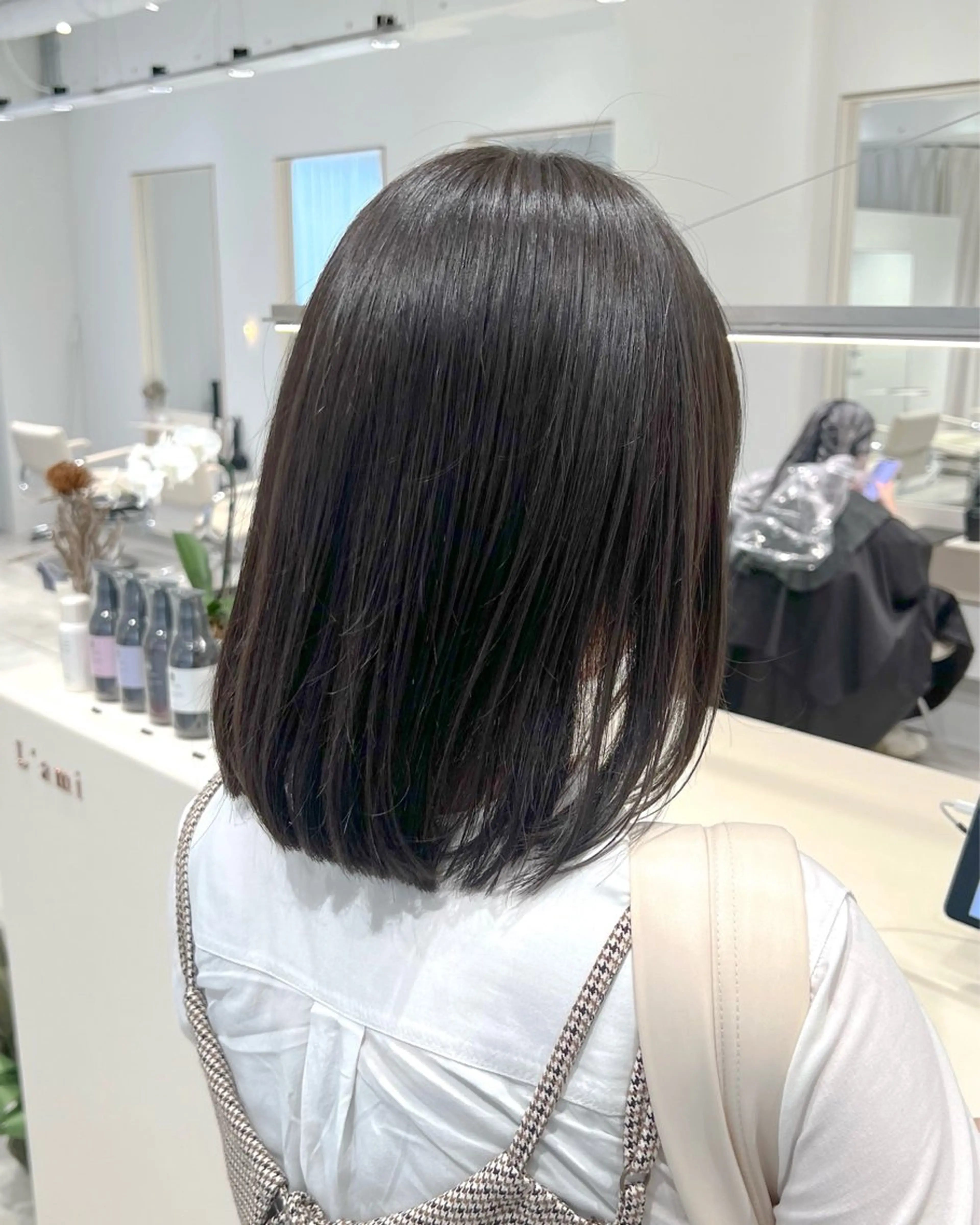 ミディアム カラー グレージュ オレンジ ボブ カット ヘアカラー トリートメント ヘッドスパ ヘアセット 艶くすみカラー ‎/縮毛/川添桃花‎のヘアスタイル
