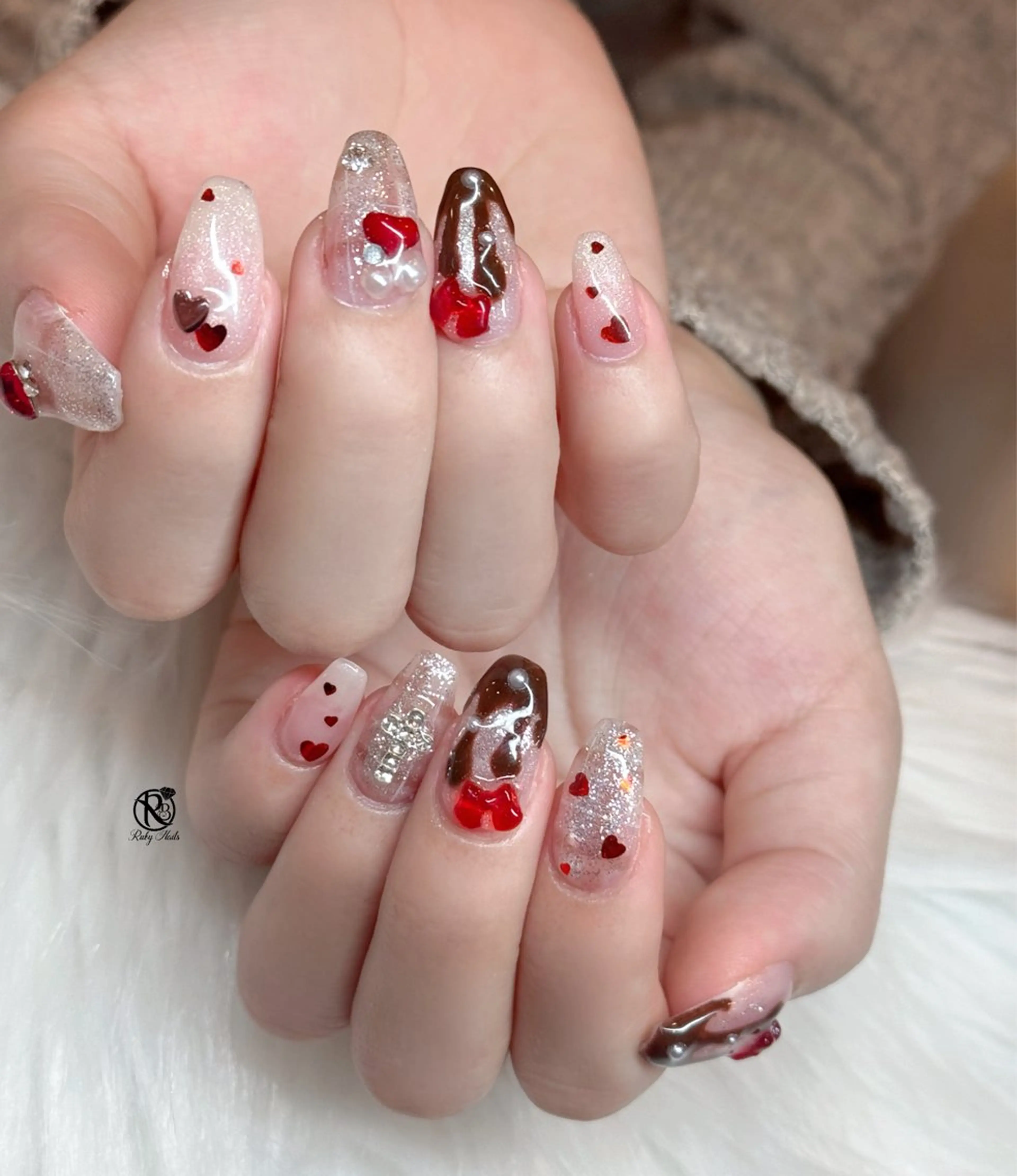 ネイル ボルドー ブラウン チークネイル ドット フットネイル ハンドネイル チェリネイルサロン 霞ヶ関のネイルデザイン