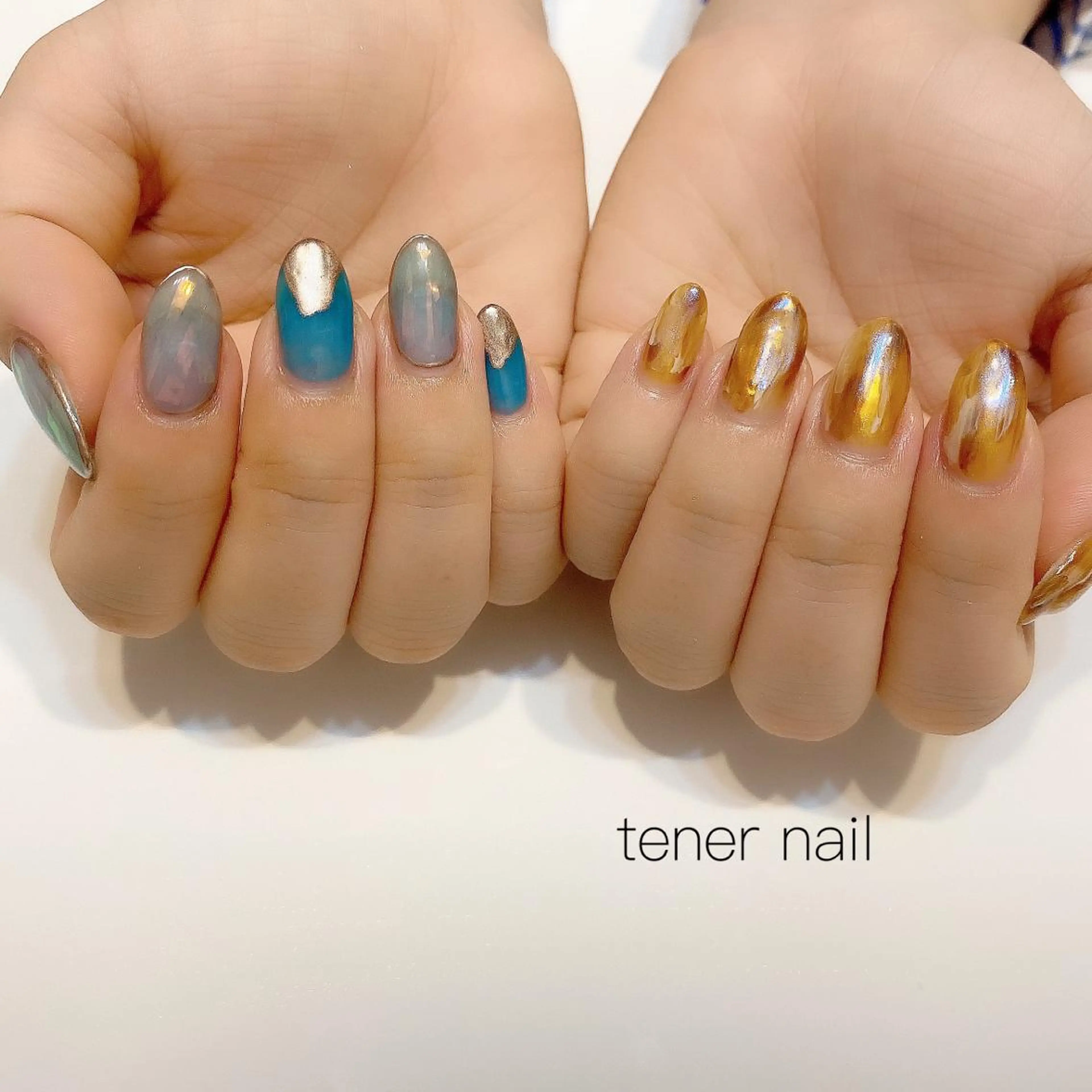 ネイル べっ甲ネイル ブルー ニュアンスネイル テネルネイル tener nailのネイルデザイン