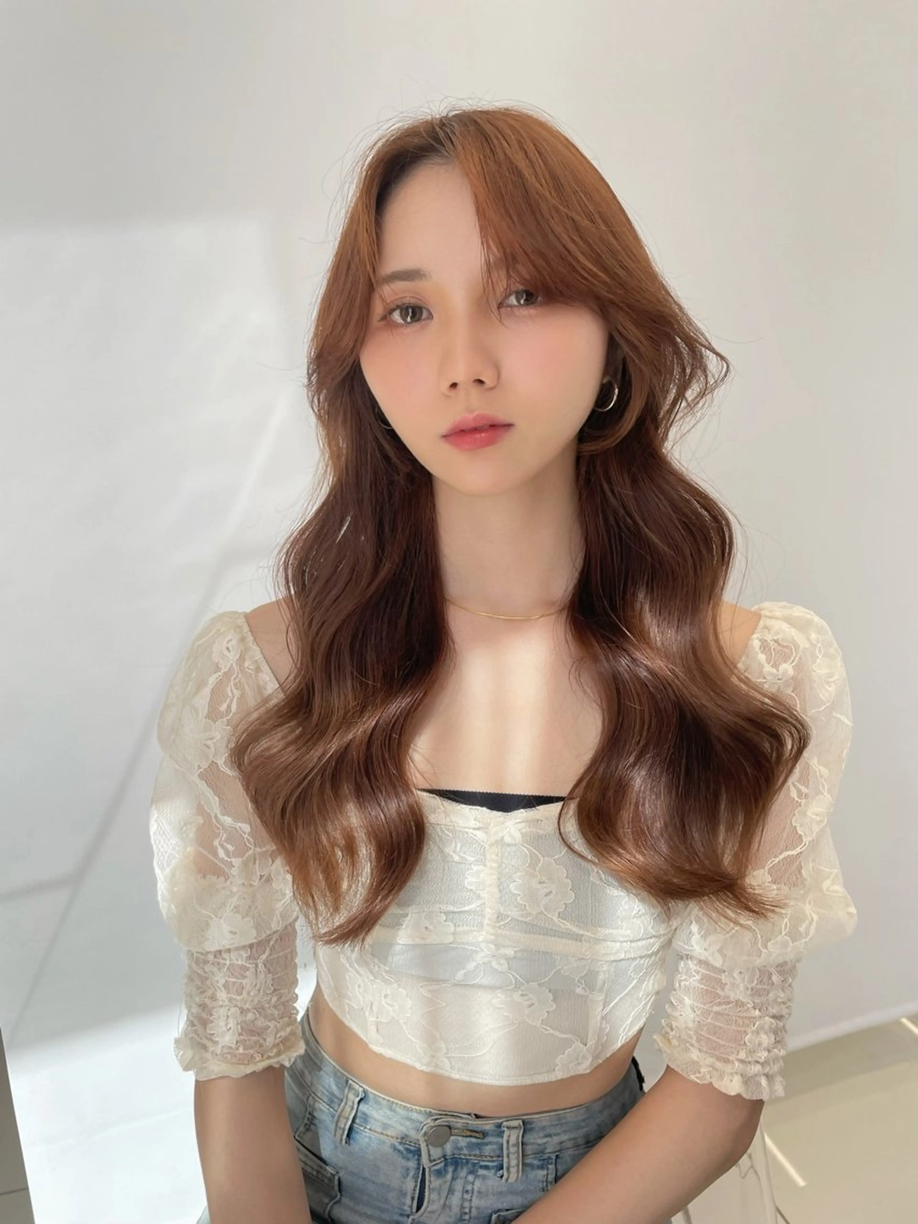 ロング カラー ブリーチ ブラウンカラー ブリーチなしカラー オレンジ オレンジブラウン カット ヘアカラー トリートメント COA GINZA 空也/前髪/顔まわりのヘアスタイル