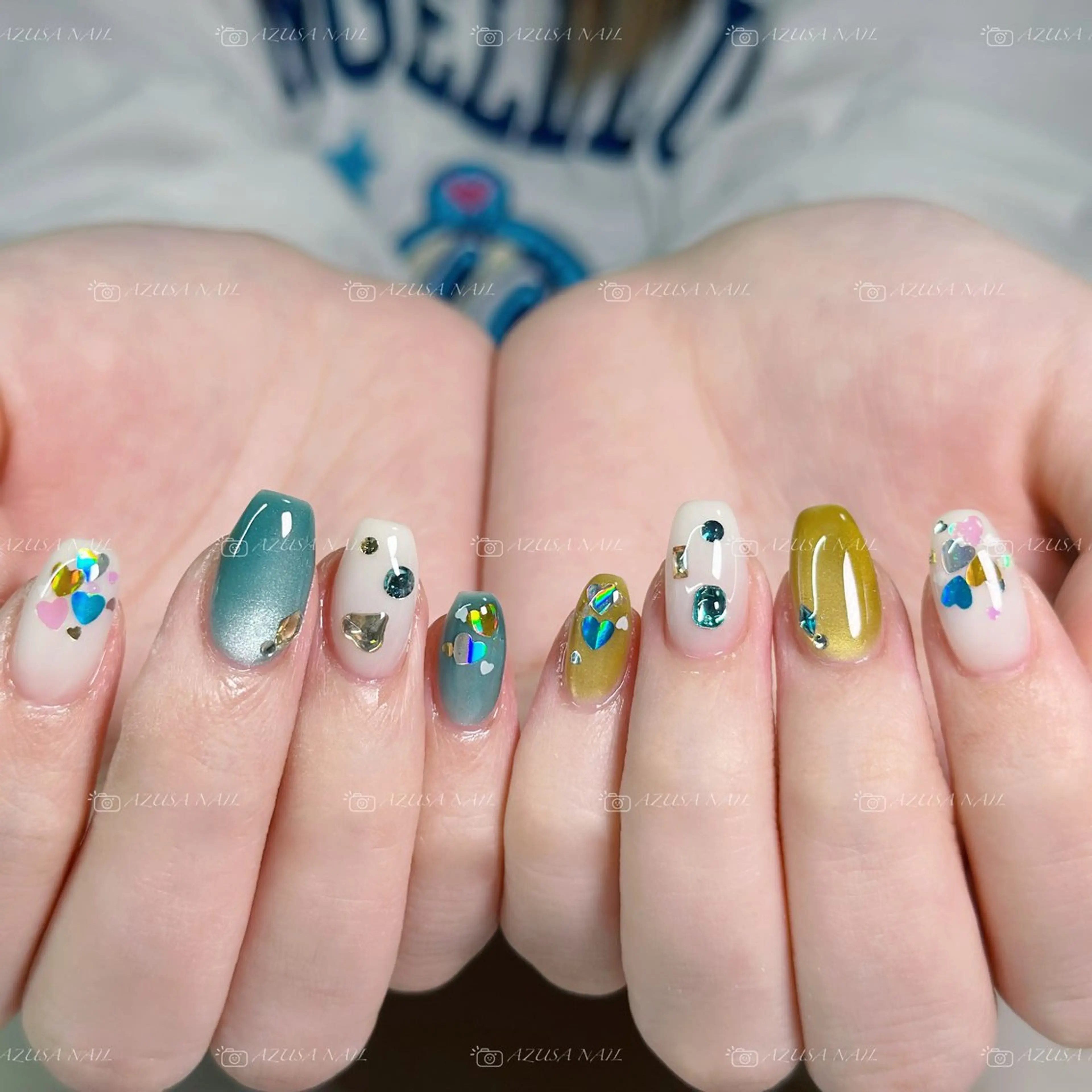 ネイル ブルー フラッシュネイル フレンチネイル ハート マグネットネイル ハンドネイル 🧸自宅ネイル あずさのネイルデザイン