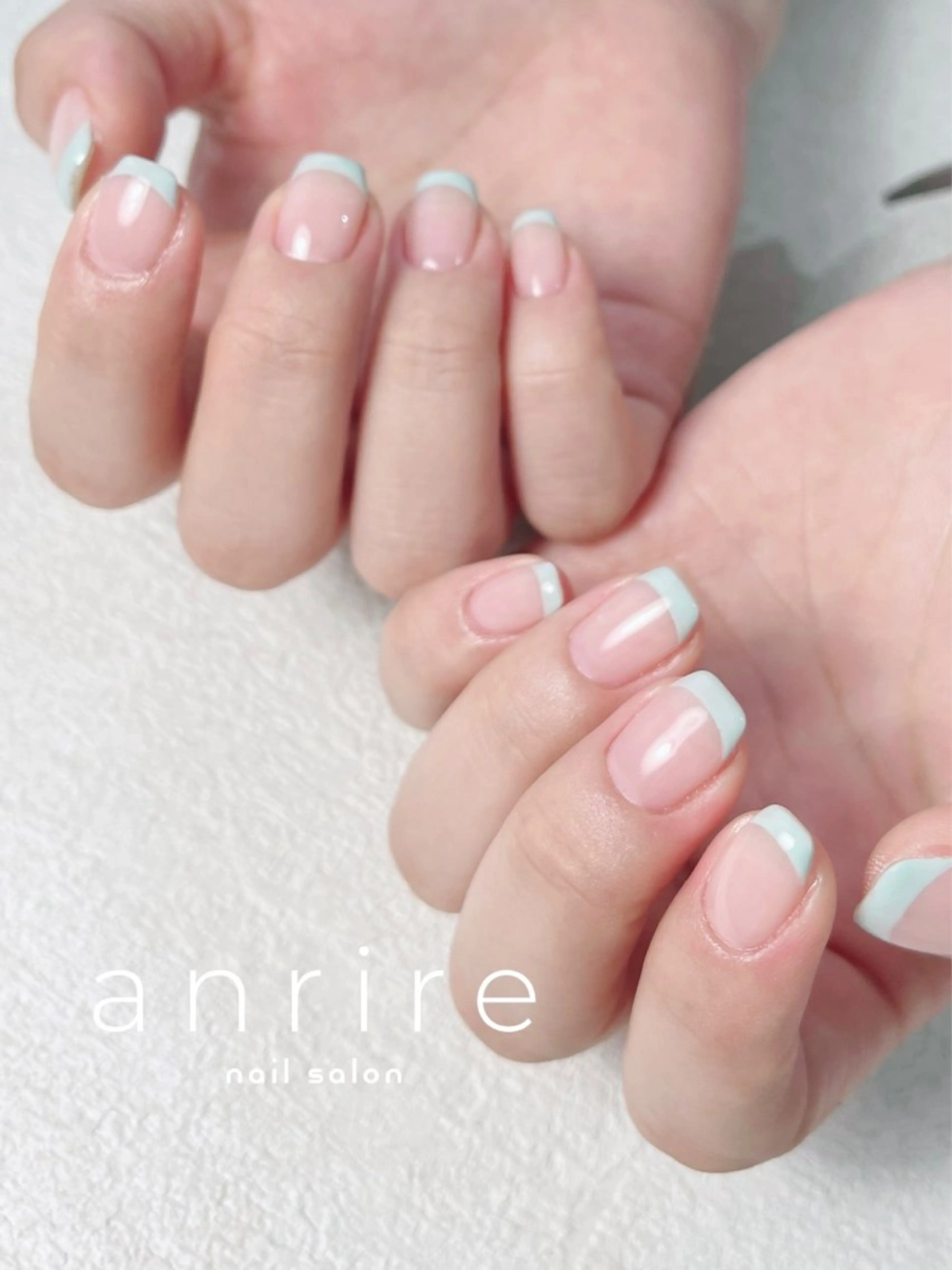 ネイル ブルー フレンチネイル ジェルネイル グリーン 水色 ハンドネイル nailsalon anrireのネイルデザイン