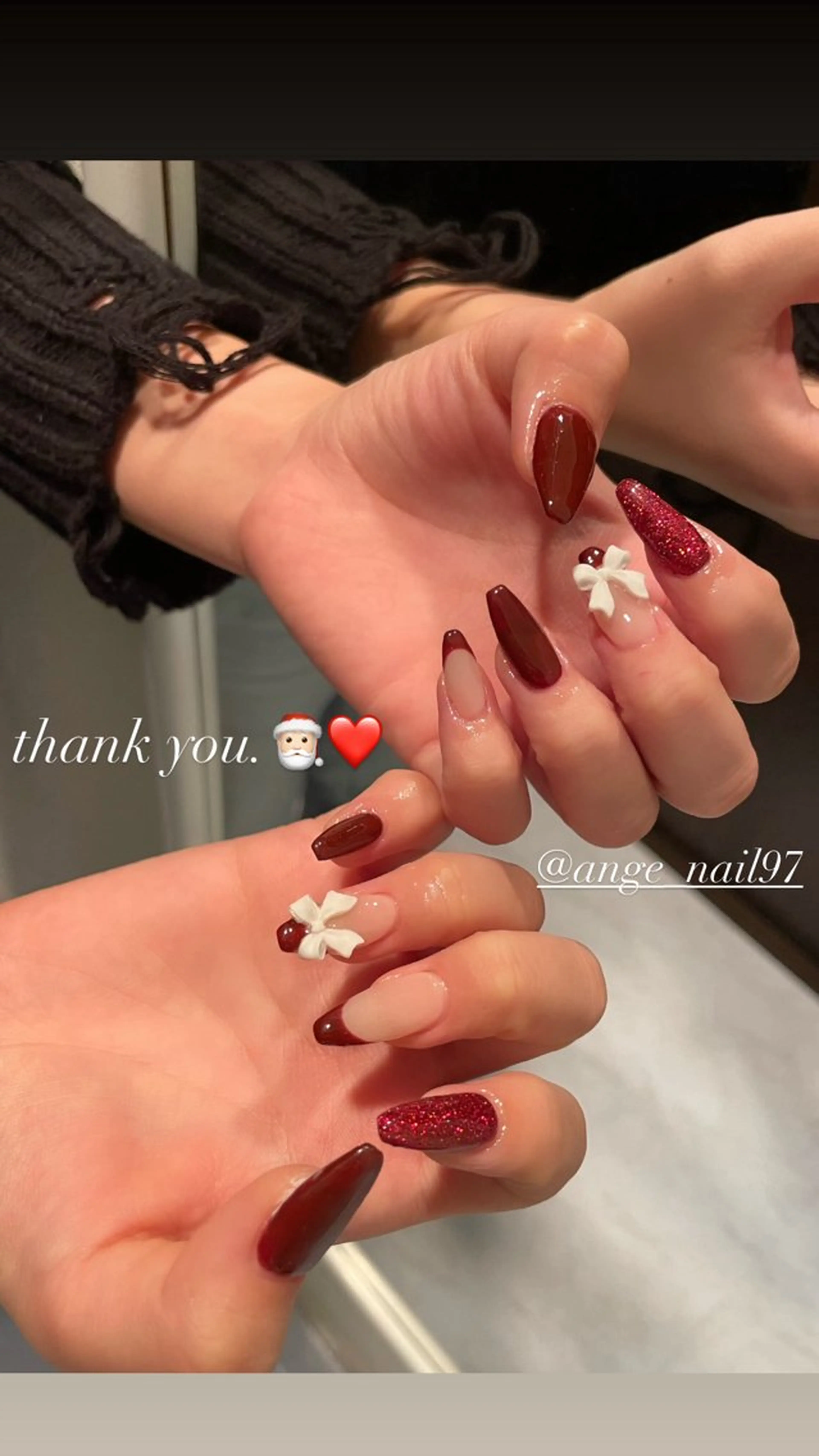 ネイル フレンチネイル ラメ(グリッター) 赤色 リボン スカルプネイル Nail salon 🎀Angeのネイルデザイン