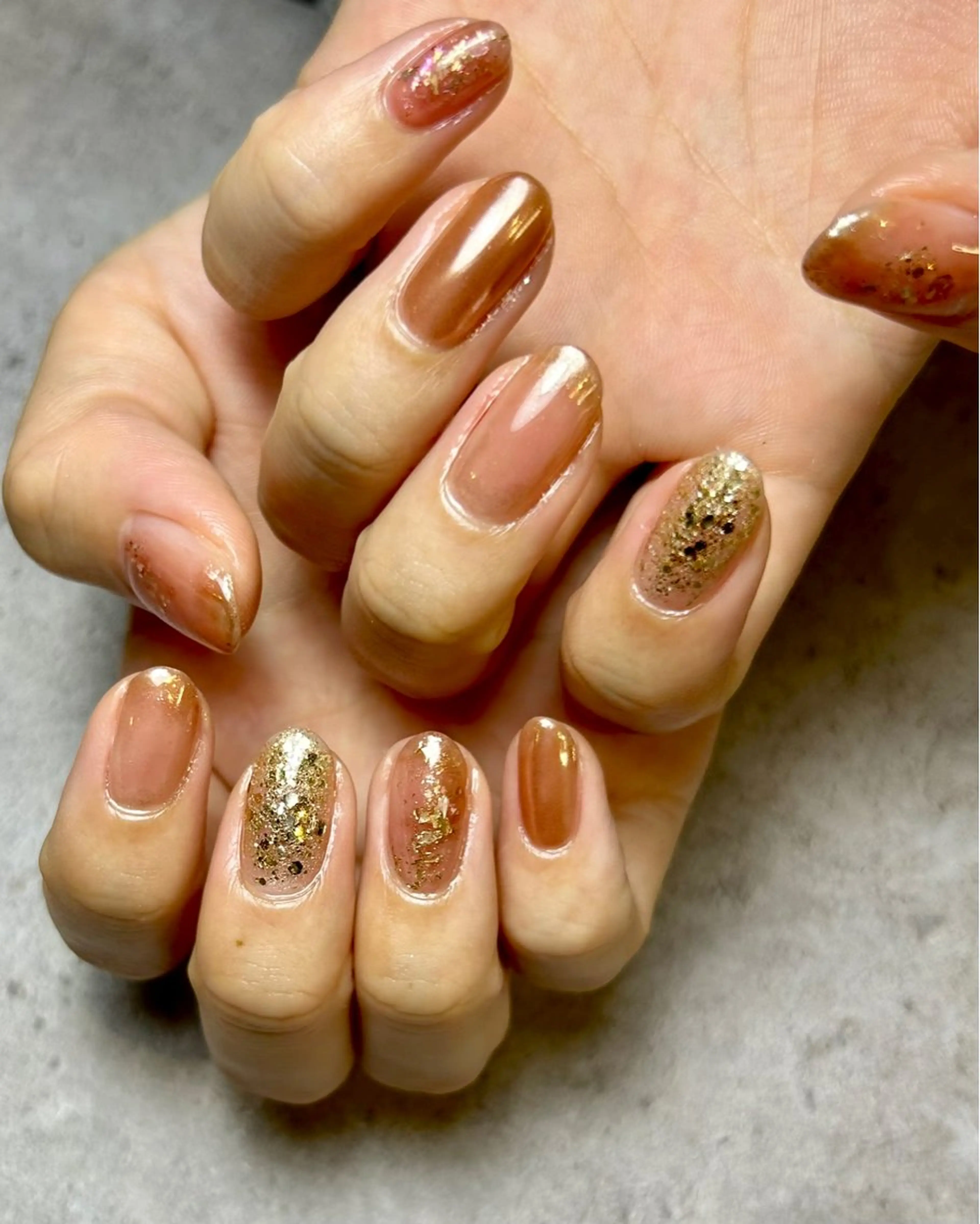 ネイル ゴールド 持ち込み オレンジ ピンク ハンドネイル Reflection marikoのネイルデザイン