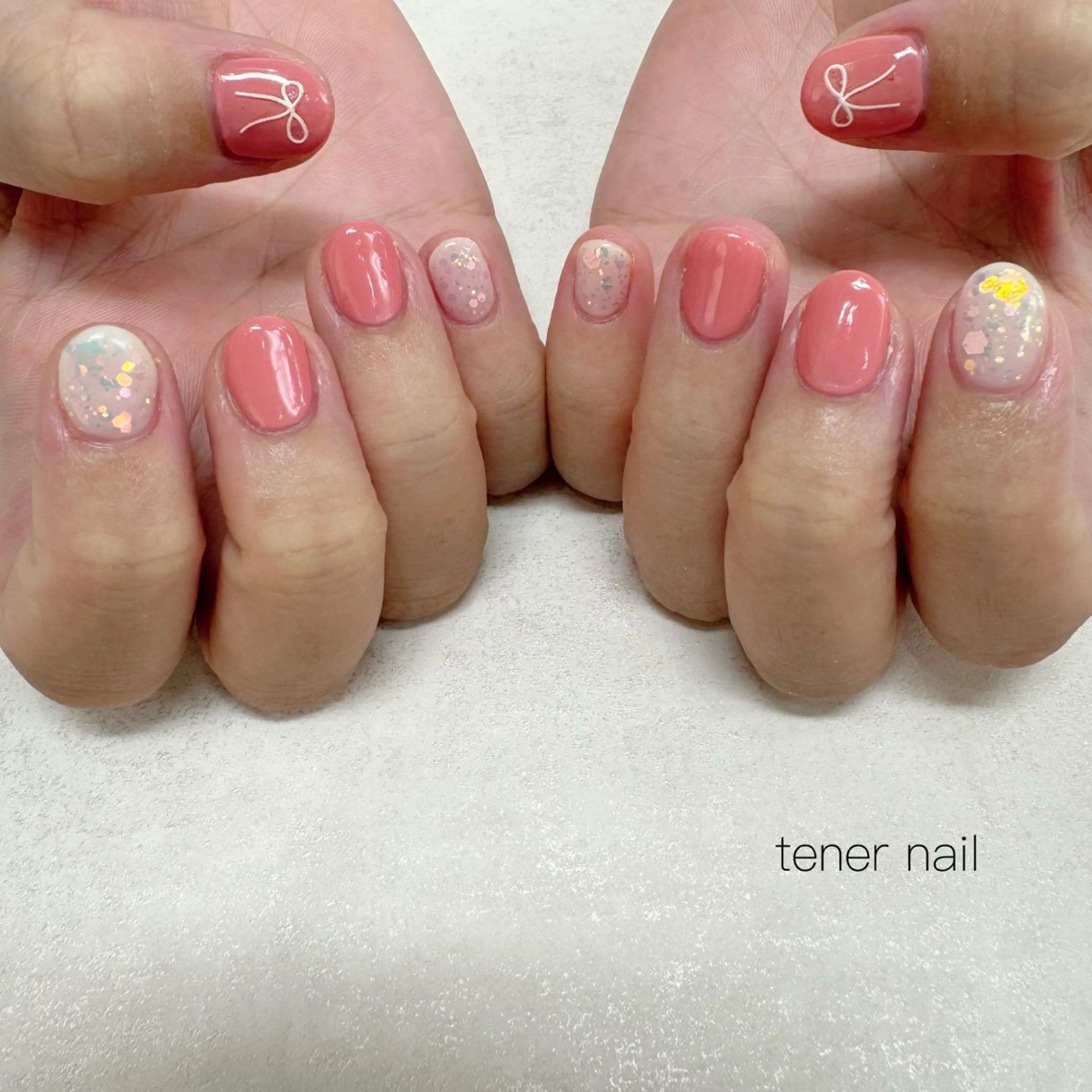 ネイル ピンク リボン ハンドネイル テネルネイル tener nailのネイルデザイン