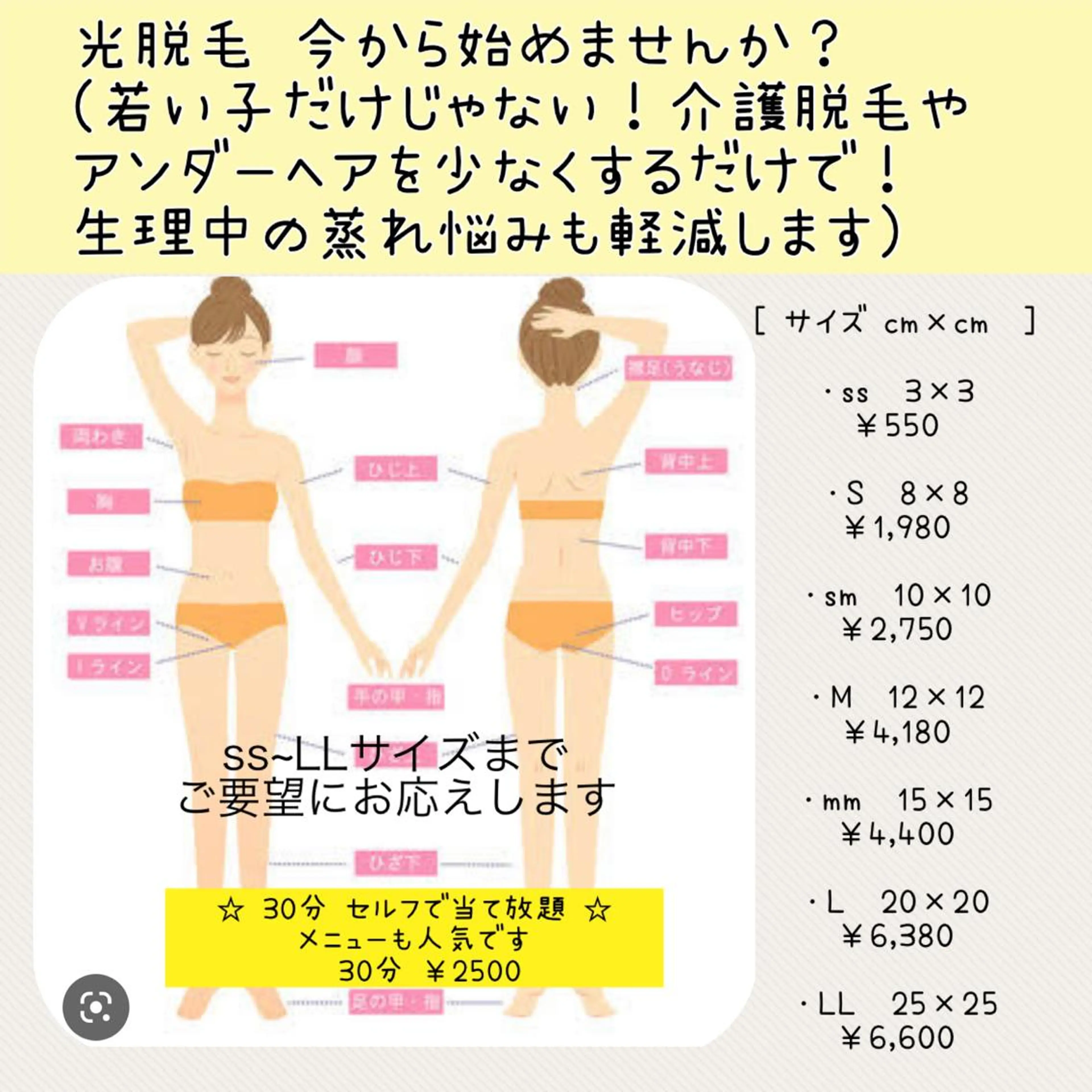 光脱毛     Lパーツ ひじ下／上．膝下／上．胸．お腹．肩．背中下／下．ヒップなどの写真