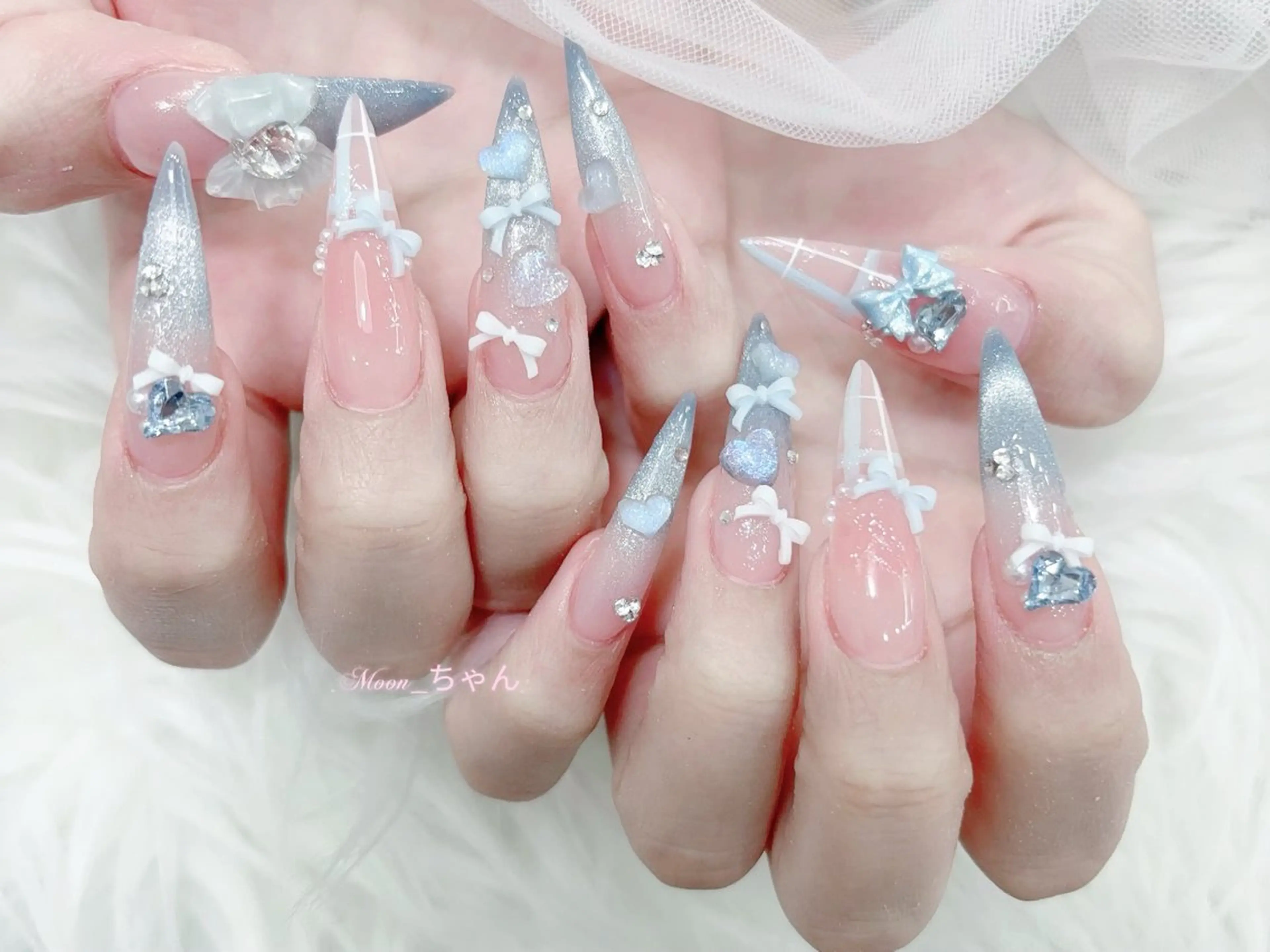 ネイル 成人式 大理石ネイル(マーブル) リボン 夏ネイル ネイルチップ ハンドネイル MoMoA Nail ネイル長さ出し専門店のネイルデザイン