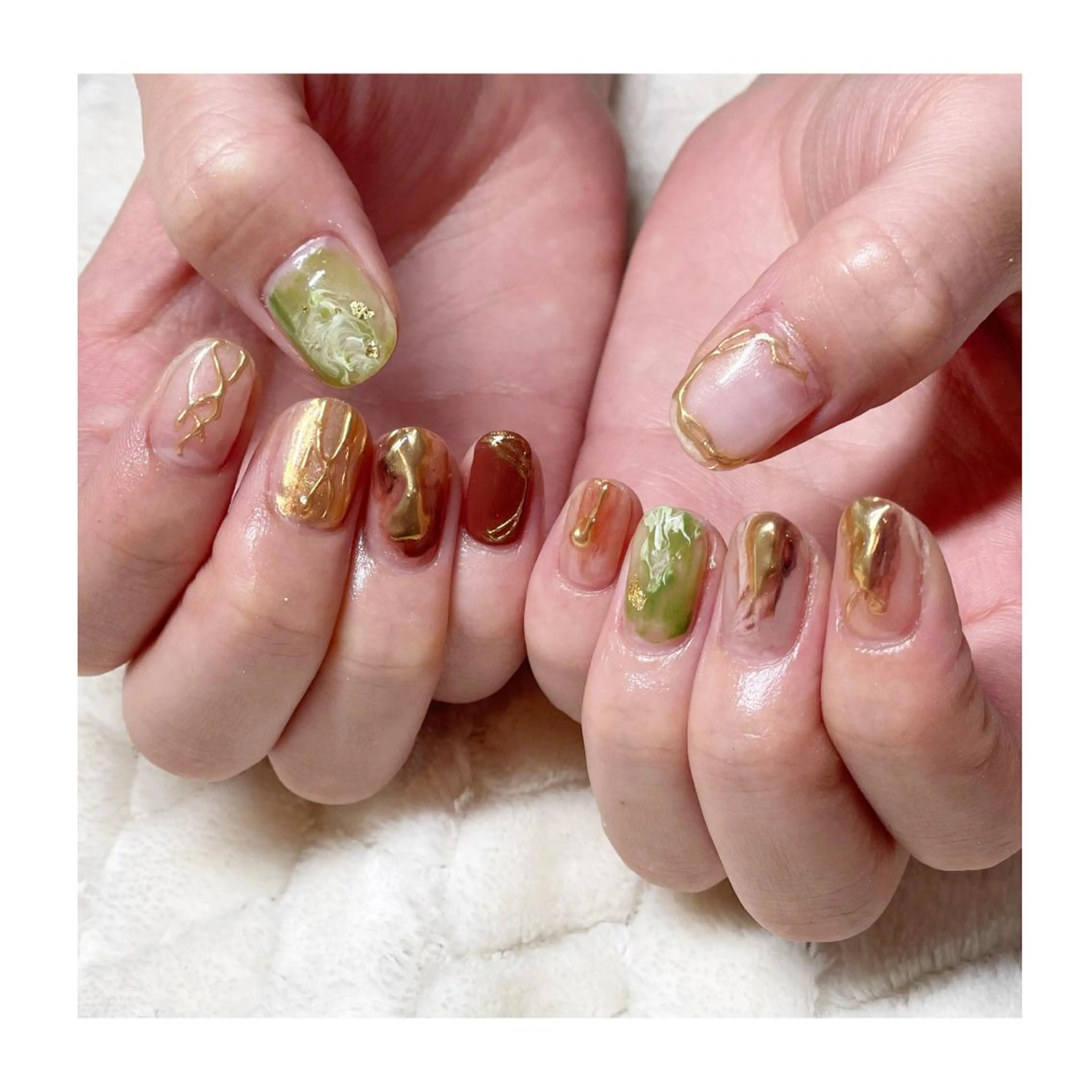 ネイル クリアネイル ジェルネイル ゴールド グリーン ニュアンスネイル ハンドネイル LaLa Peach 福岡のマツエク・マツパデザイン