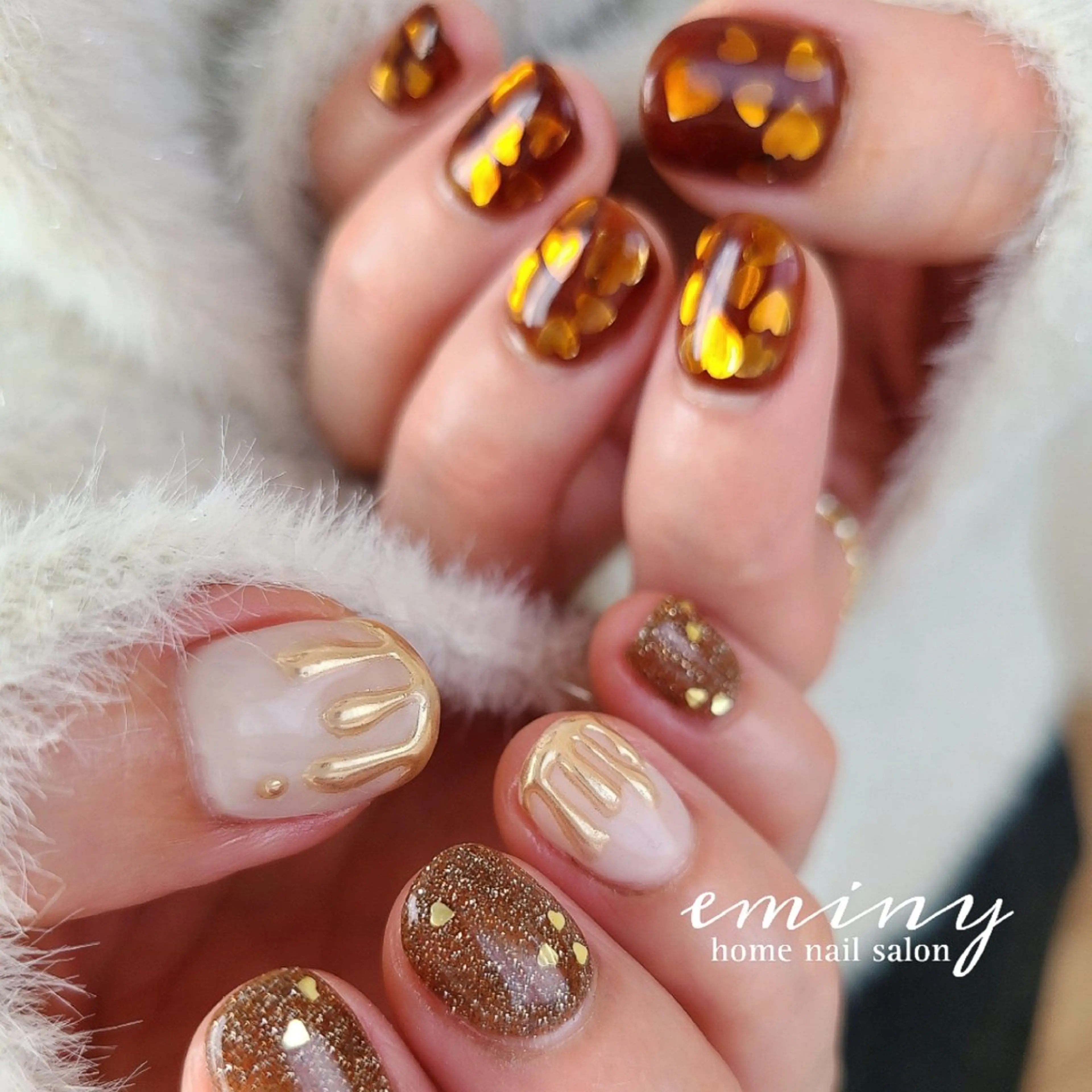 ネイル ハート キラキラネイル 韓国ネイル ミラーネイル バレンタイン ハンドネイル nail salon  eminyのネイルデザイン