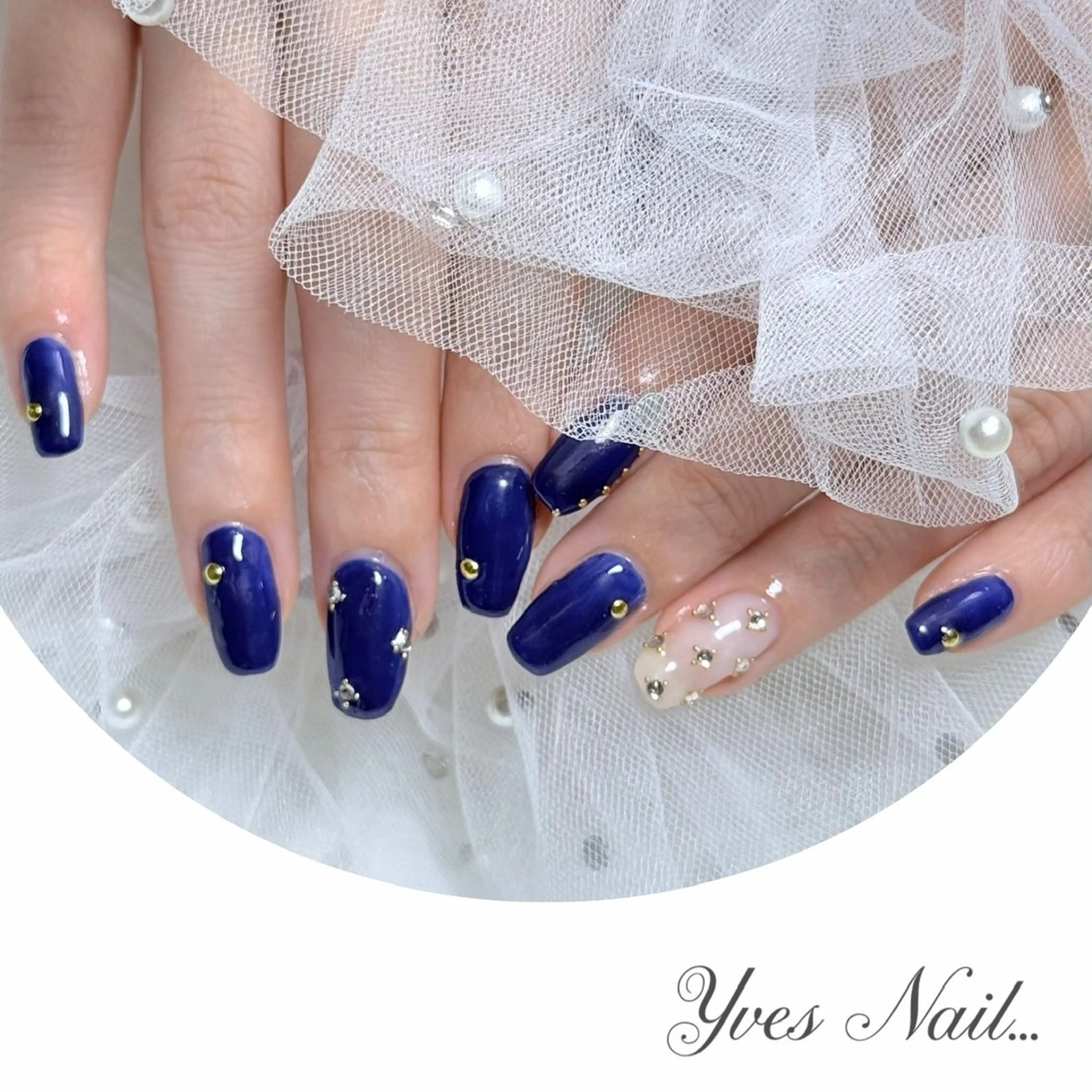 ネイル ネイビー ストーンネイル ハンドネイル kanno yのネイルデザイン