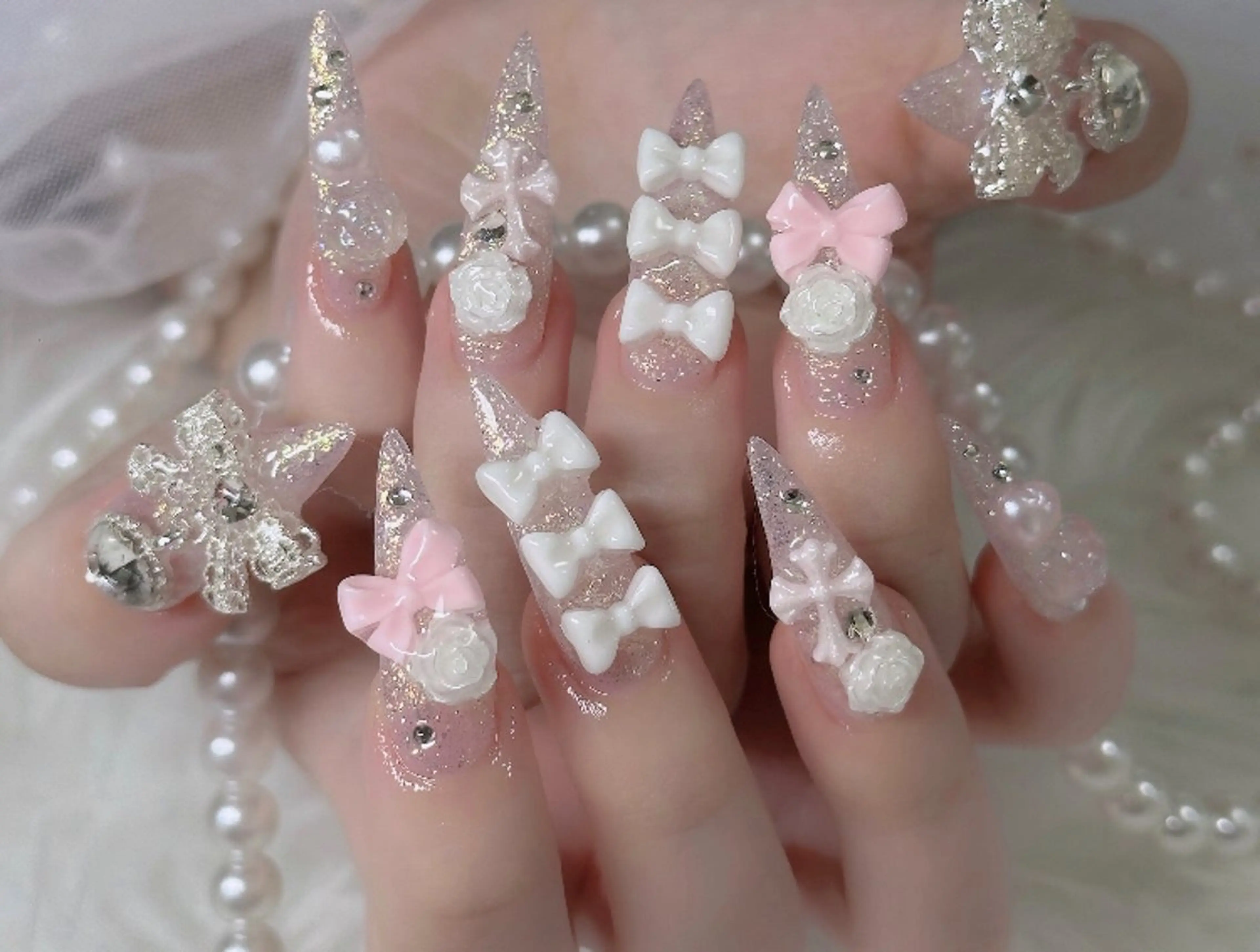 ネイル 長さ出し フレンチネイル 韓国ネイル レース マグネットネイル ハンドネイル 波 なみのネイルデザイン