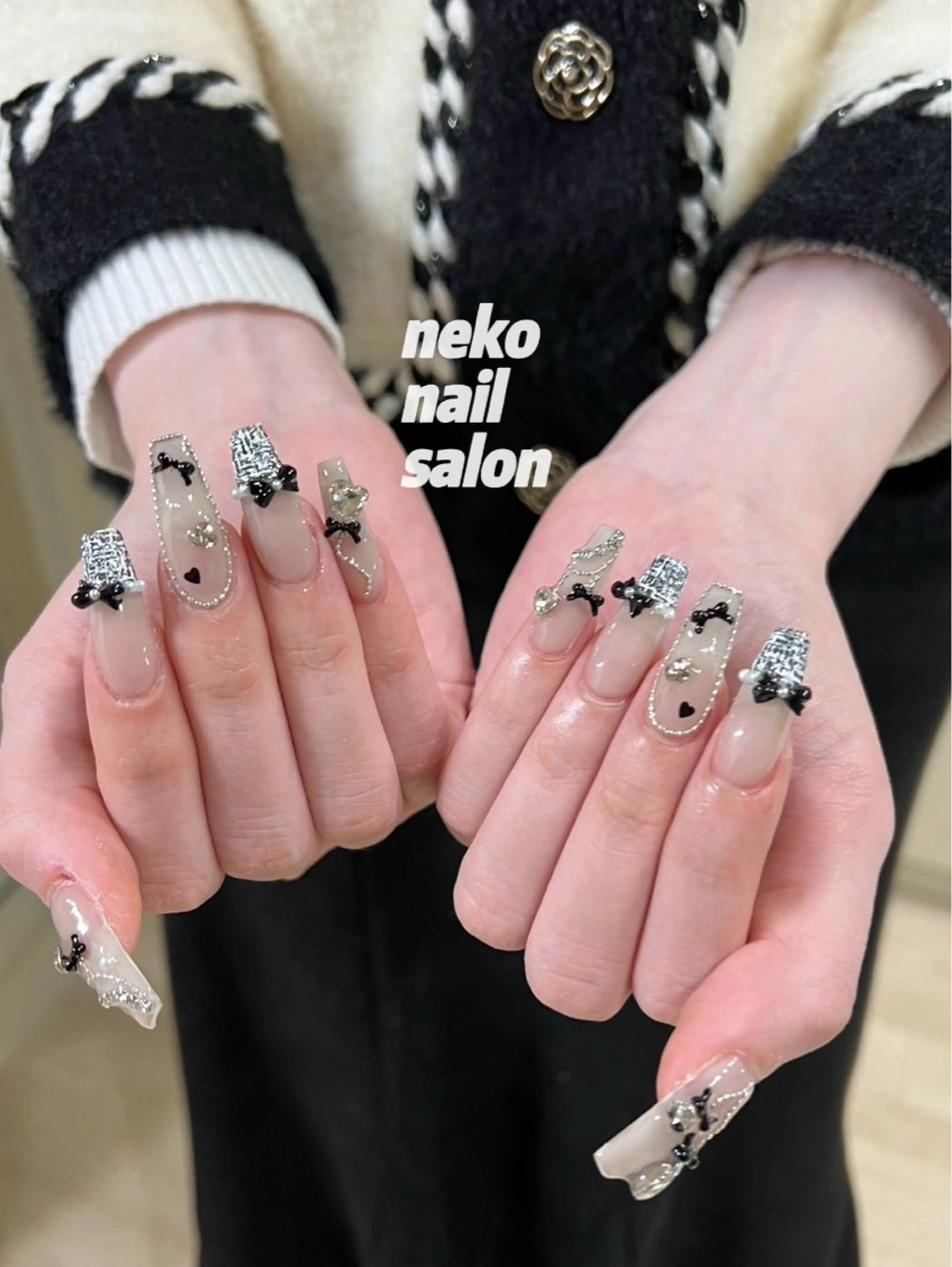 ネイル 持ち込み リボン ツイードネイル ハンドネイル neko nailのネイルデザイン