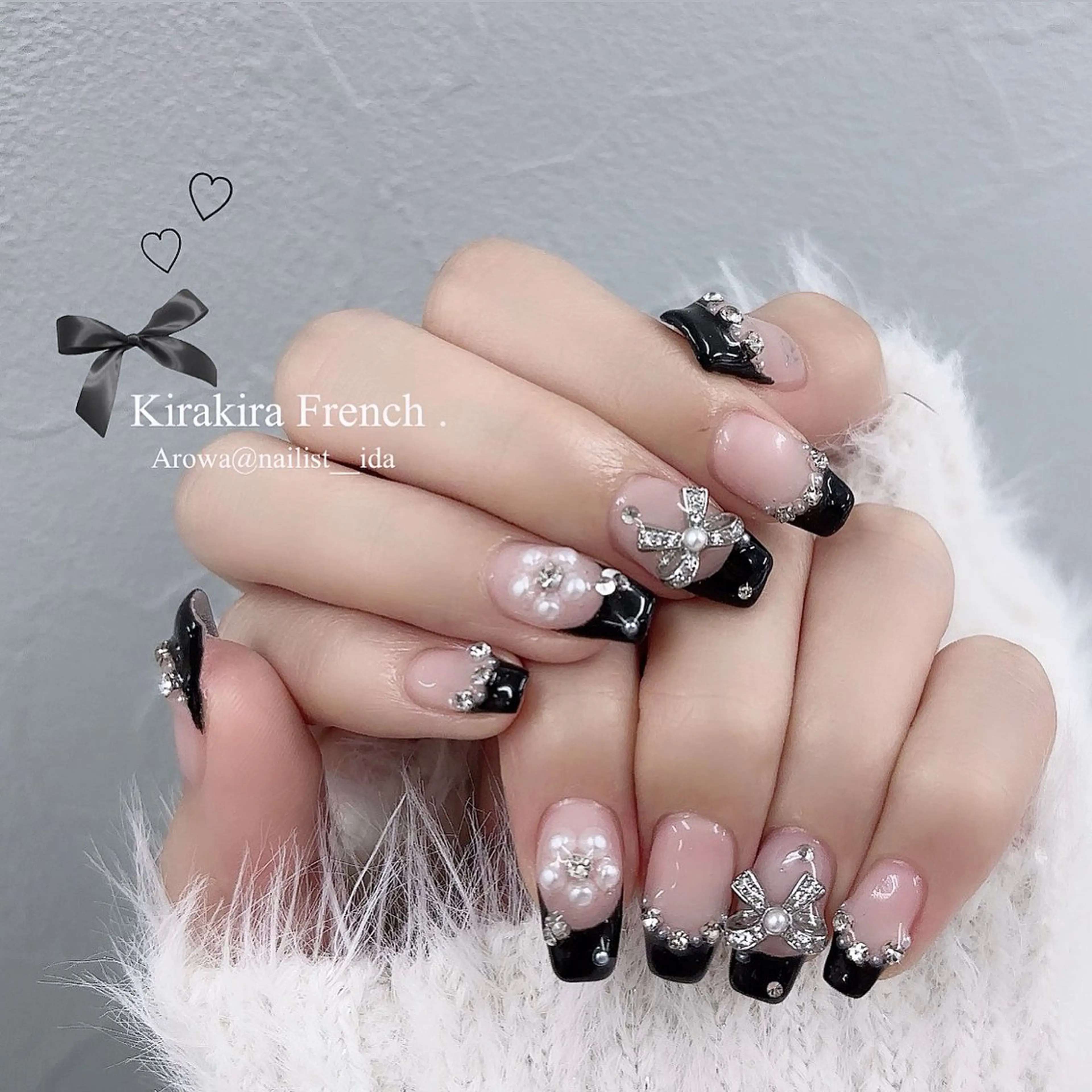 ネイル フレンチネイル キラキラネイル リボン ハンドネイル Arowa 伊田のネイルデザイン