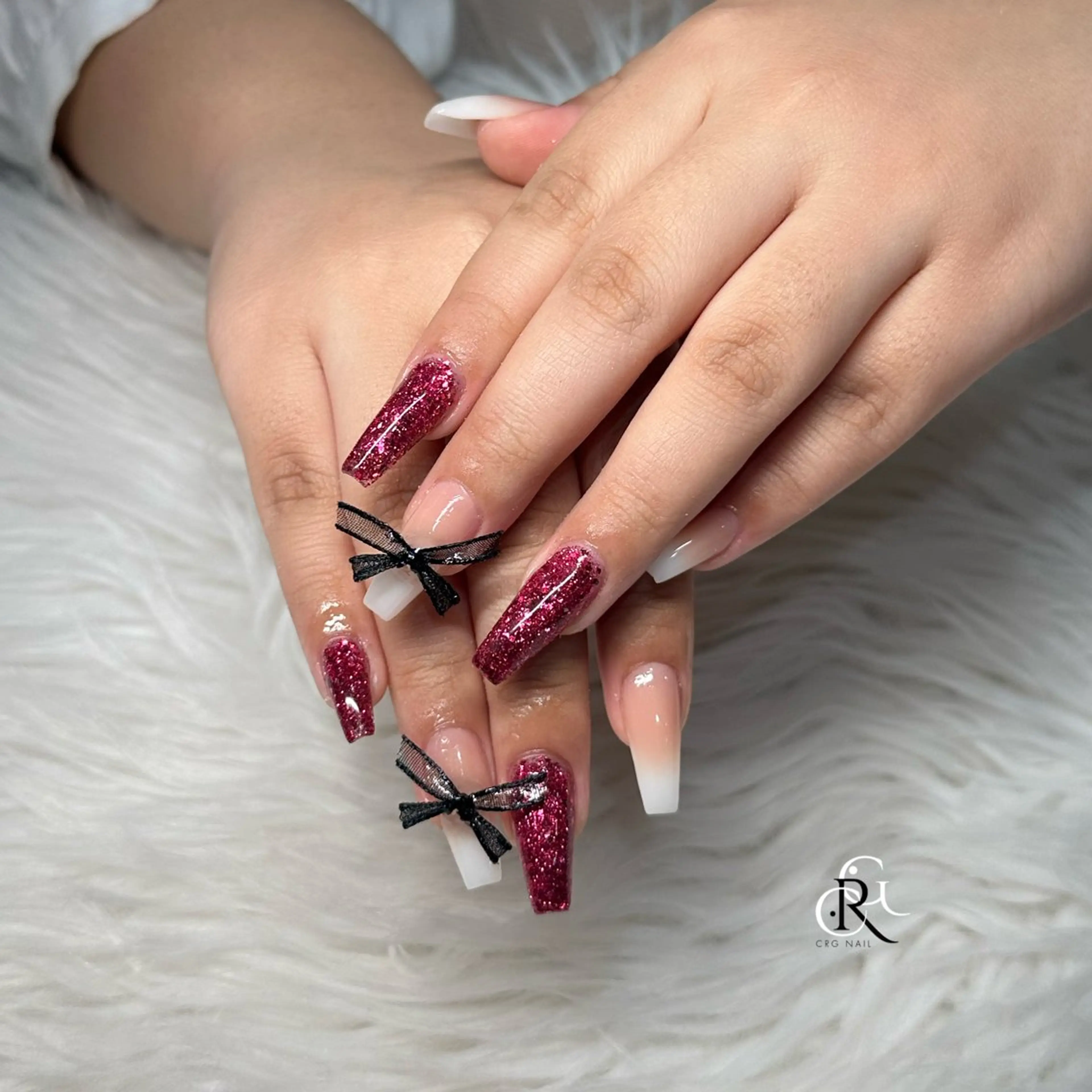 ネイル ラメ(グリッター) ピンク リボン ハンドネイル 美フォルム✨ CRG　RURIのネイルデザイン