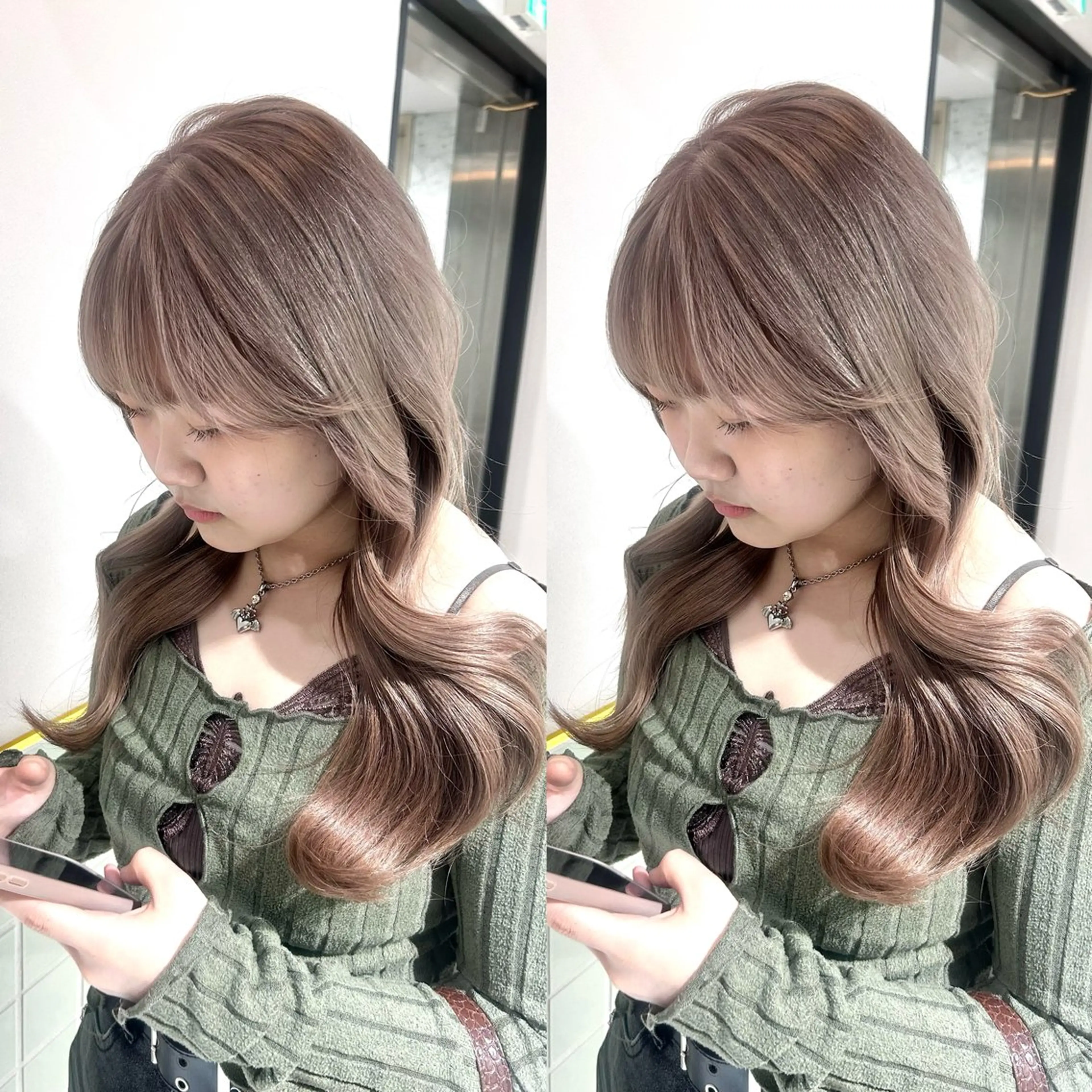 セミロング カラー パーマ キッズ ベージュカラー ブリーチ 透明感カラー 盛れる艶カラー× レイヤーカット/咲来のヘアスタイル