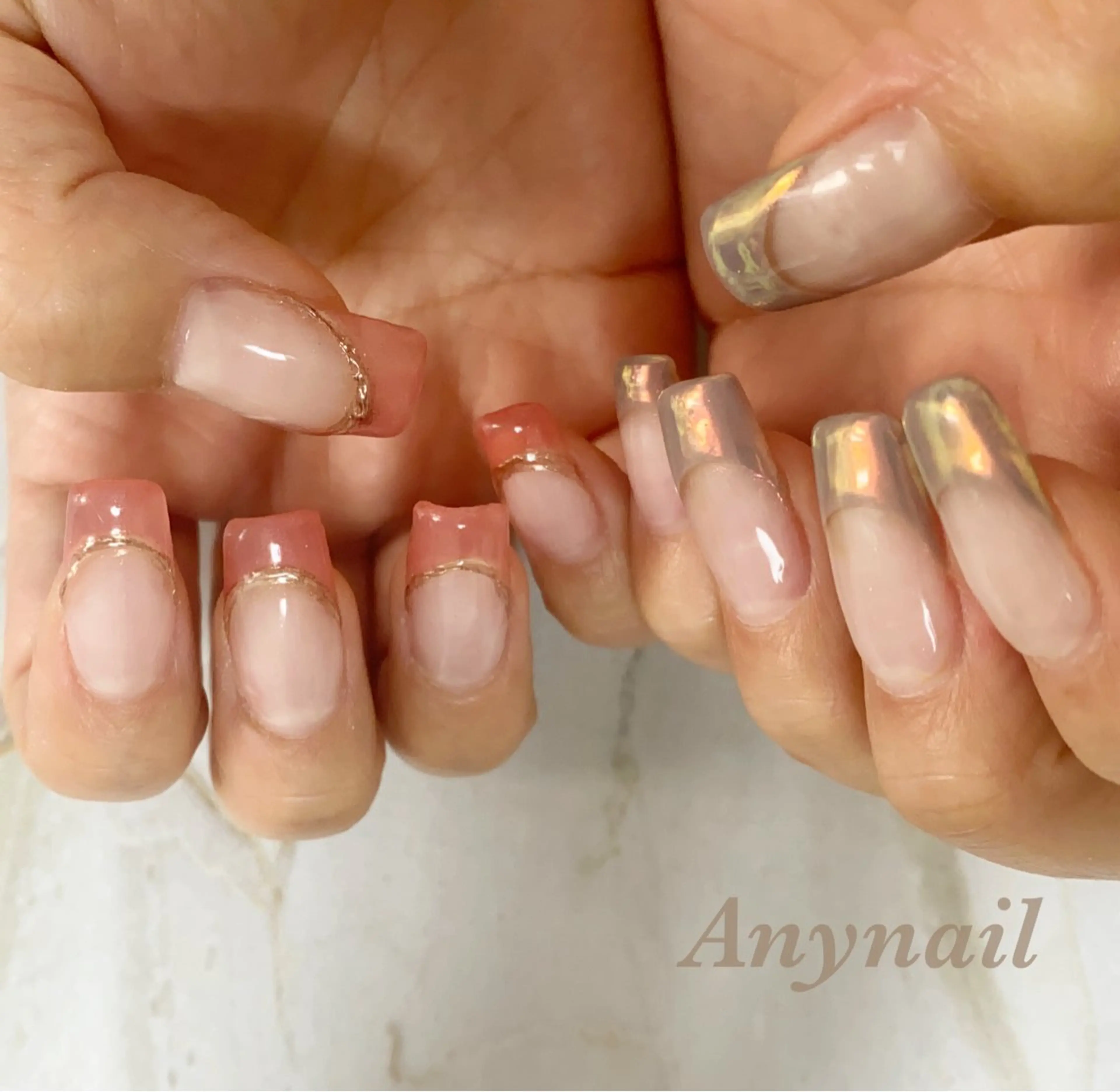 ネイル オーロラネイル ブルー 入学式 フレンチネイル 卒業式 ハンドネイル 岩澤 恵子のネイルデザイン