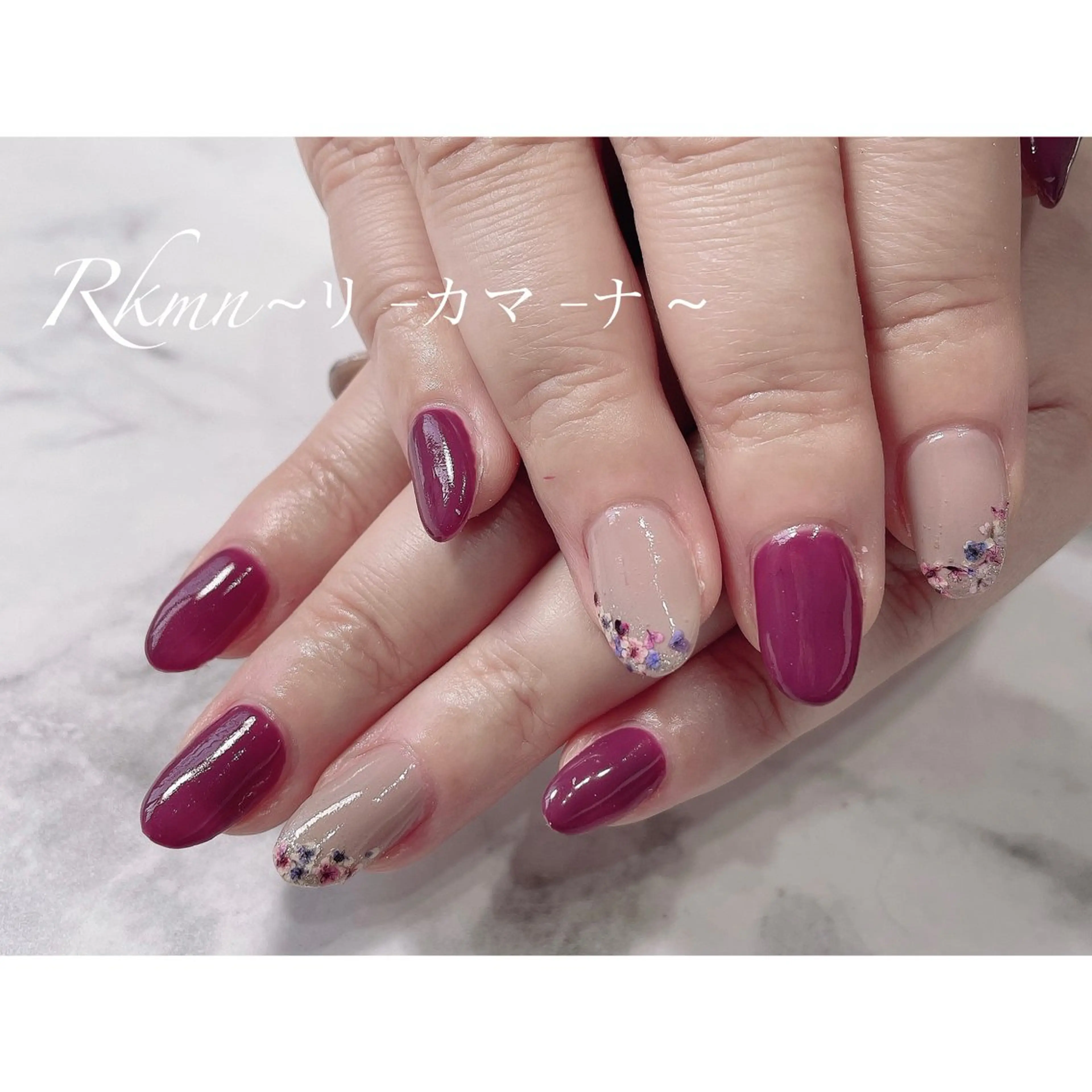 ネイル アートネイル フラワーネイル フレンチネイル ピンク パープル ハンドネイル フットネイル ハンドケア Rkmn ~リ-カマ-ナ~のネイルデザイン