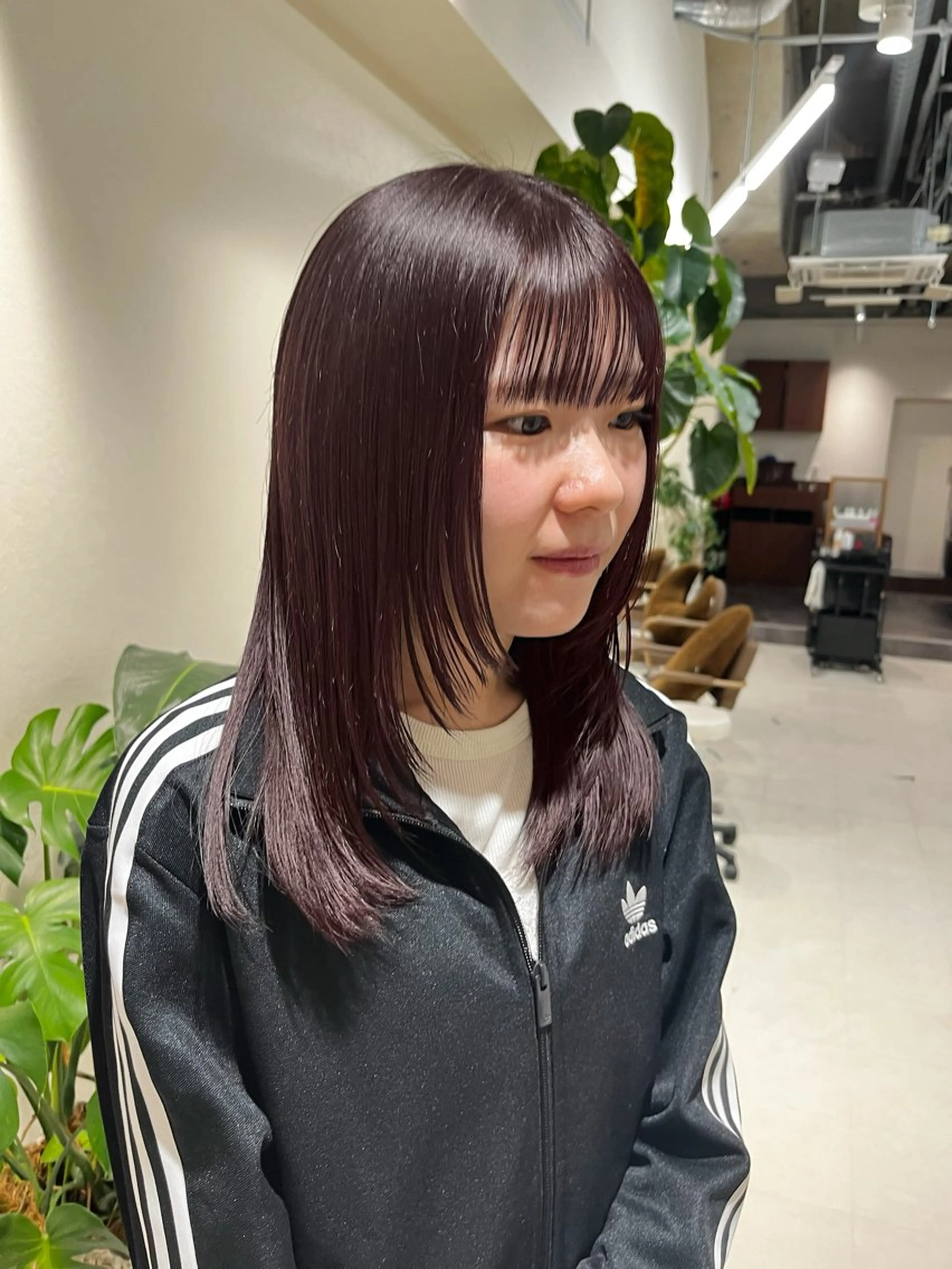 ミディアム カラー カシス レッドカラー 顔まわりレイヤー レイヤーカット カット ヘアカラー トリートメント レイヤーカット/ブラ ウンカラー/河野凜のヘアスタイル