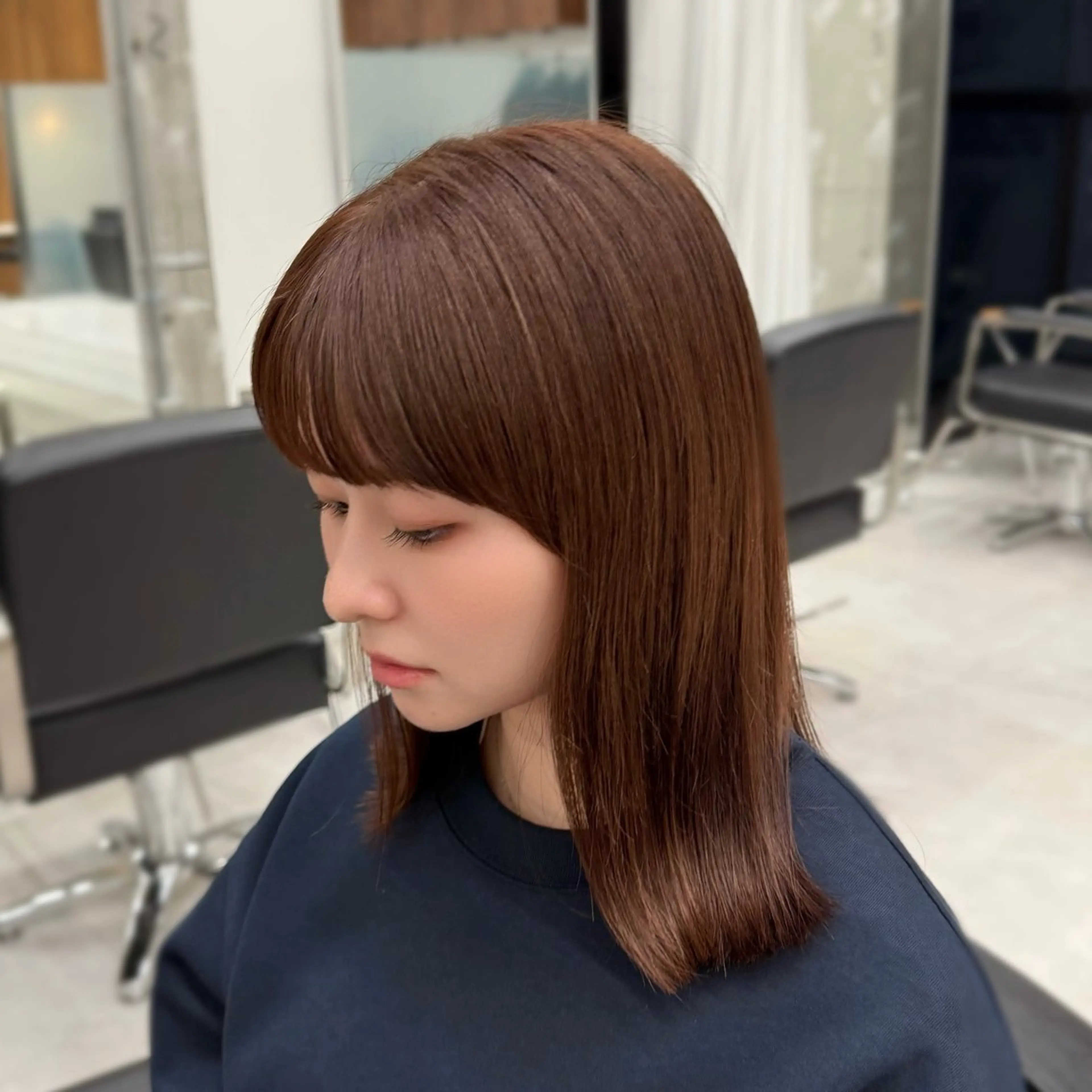 セミロング カラー パーマ ブラウンカラー 透明感カラー オレンジ オレンジブラウン 髪質改善 カット ヘアカラー 縮毛矯正 トリートメント 縮毛矯正+モテカラー 🎀✨MIHOのヘアスタイル