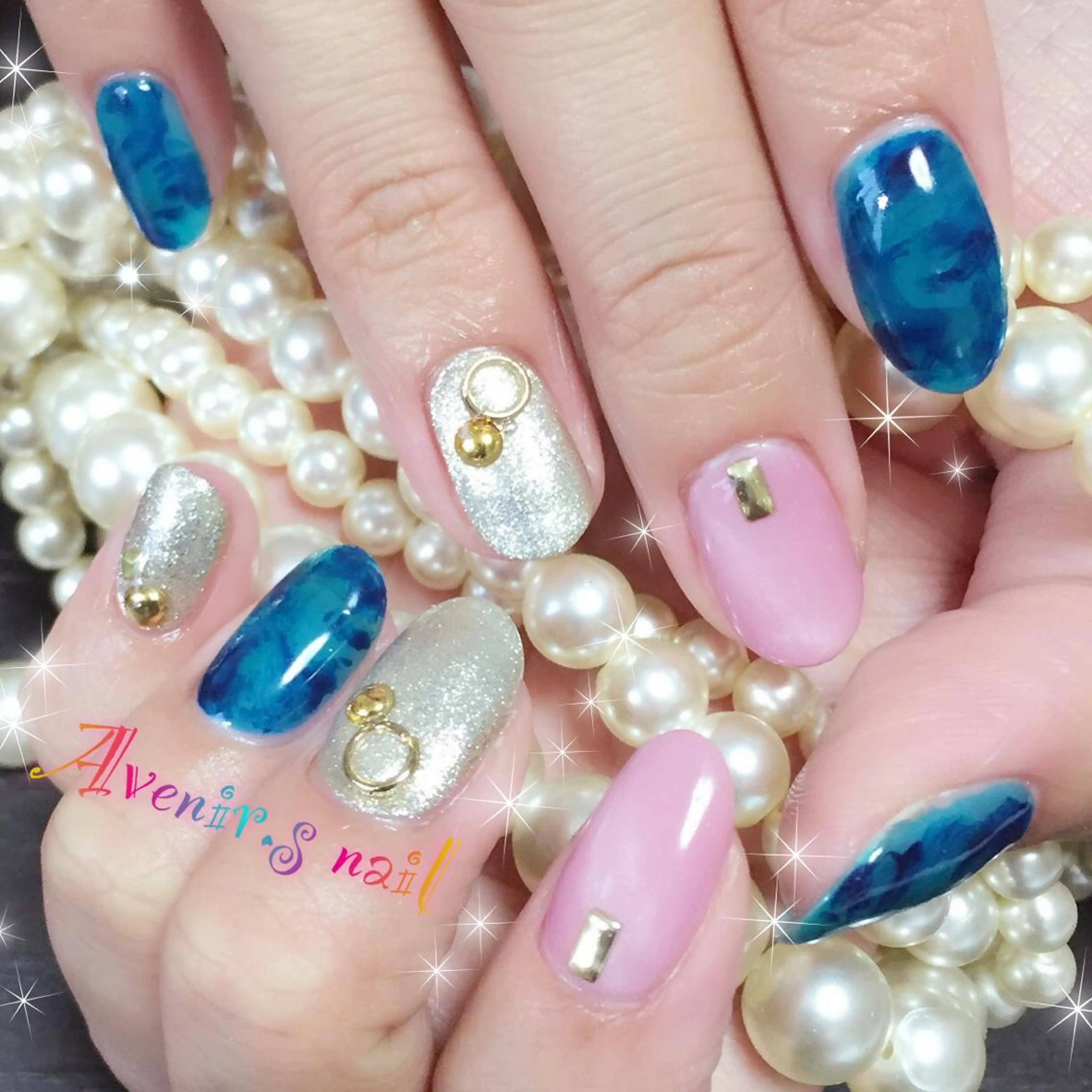 ネイル べっ甲ネイル ブルー Home Salon Avenir.のネイルデザイン